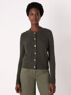 Whistles Wool Military Crew Neck Cardigan, Khaki