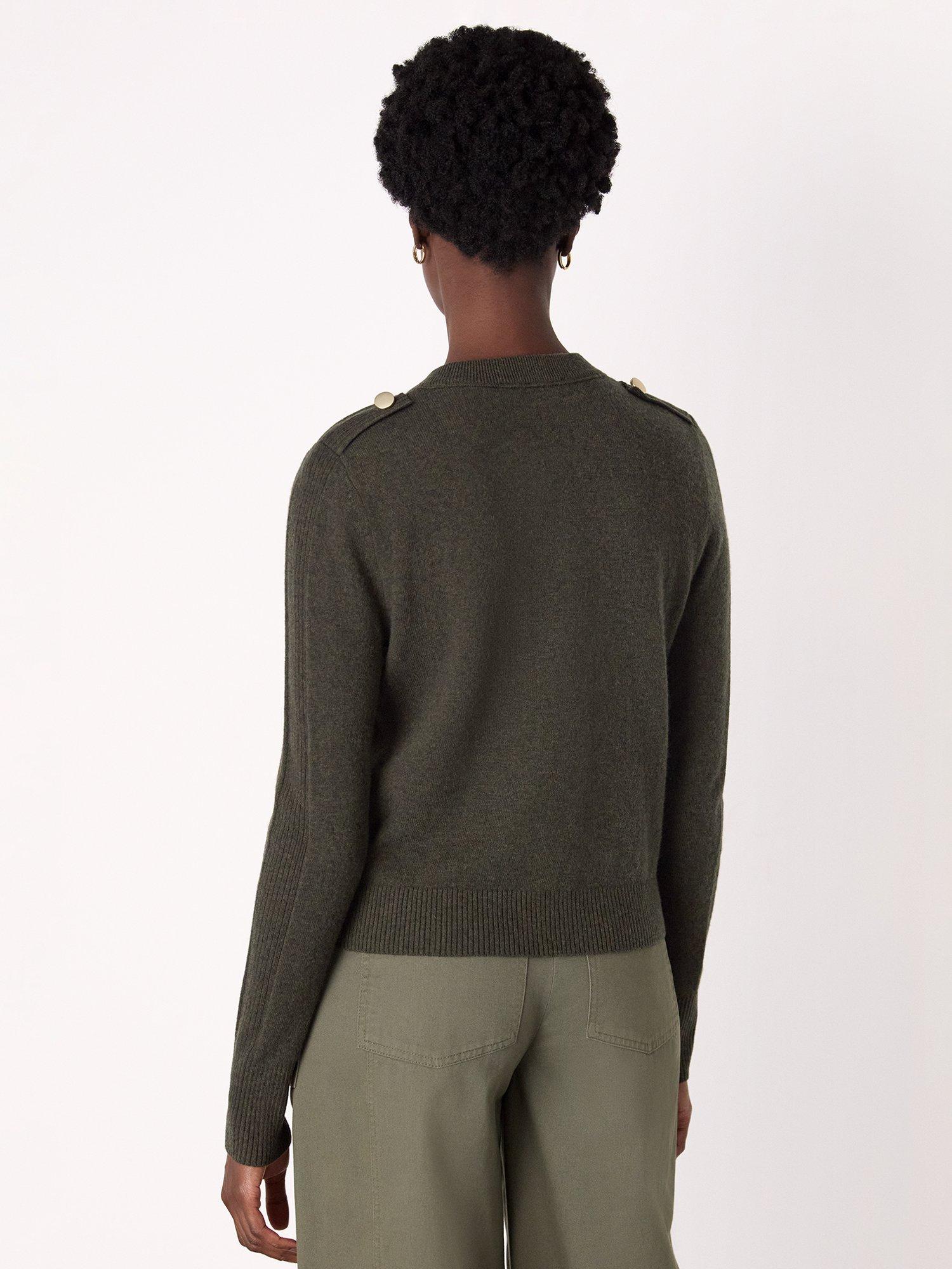 Product image 2 of 5, which shows Whistles Wool Military Crew Neck Cardigan, Khaki, S
