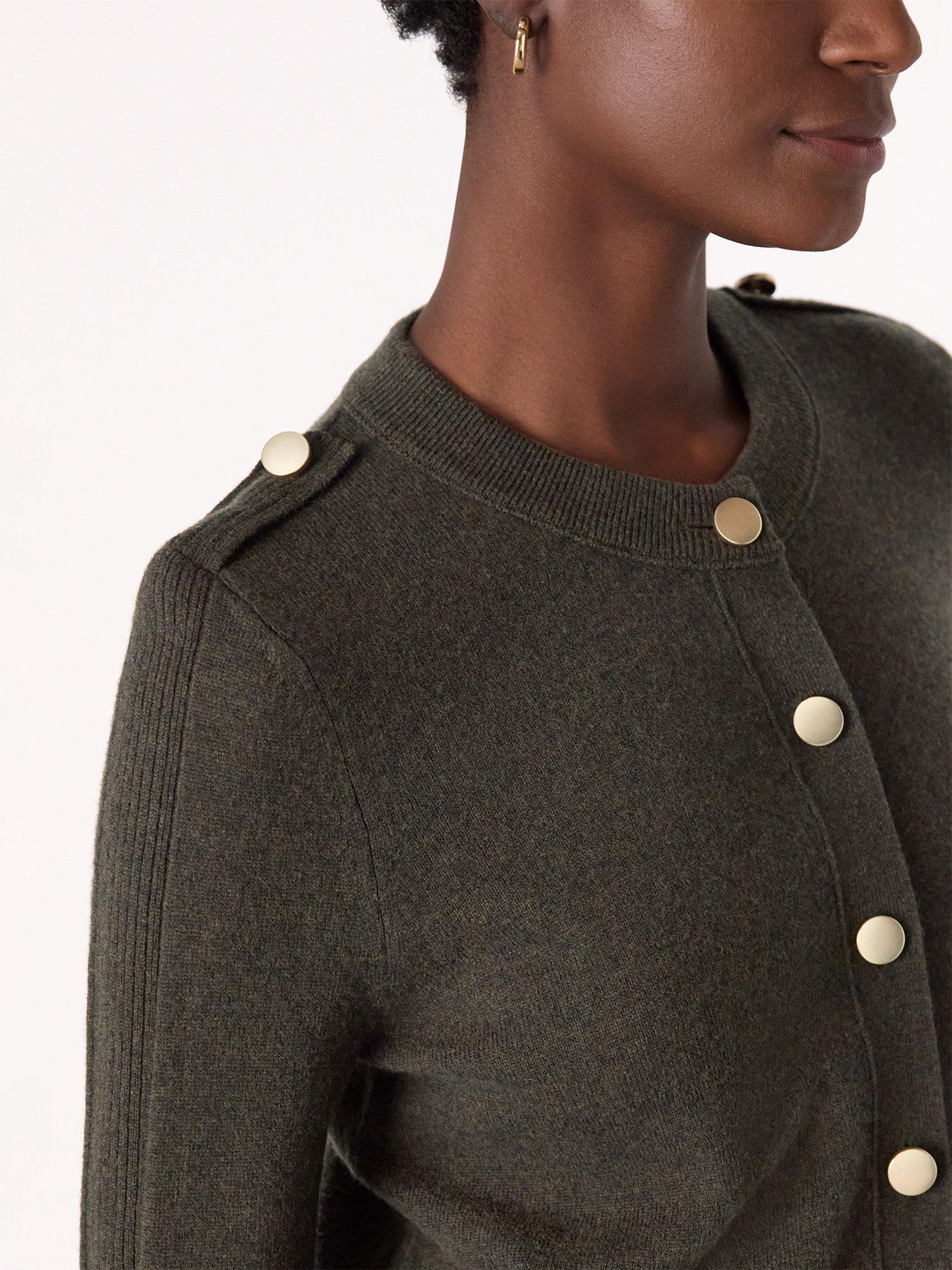 Product image 4 of 5, which shows Whistles Wool Military Crew Neck Cardigan, Khaki, S