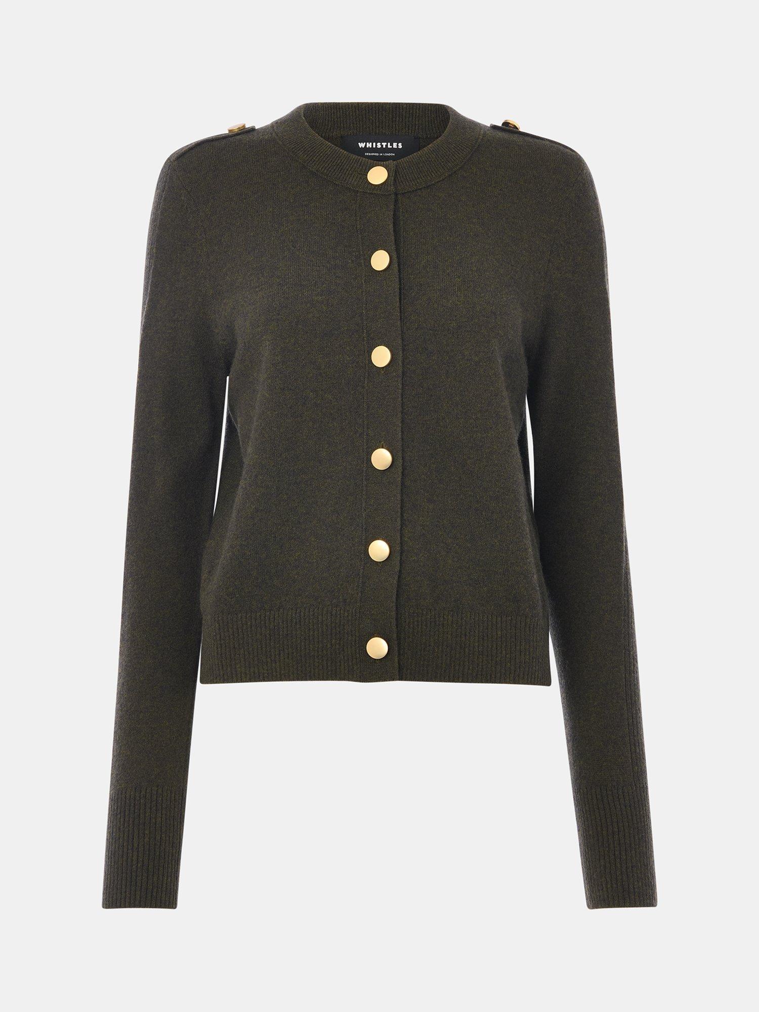 Product image 5 of 5, which shows Whistles Wool Military Crew Neck Cardigan, Khaki, S