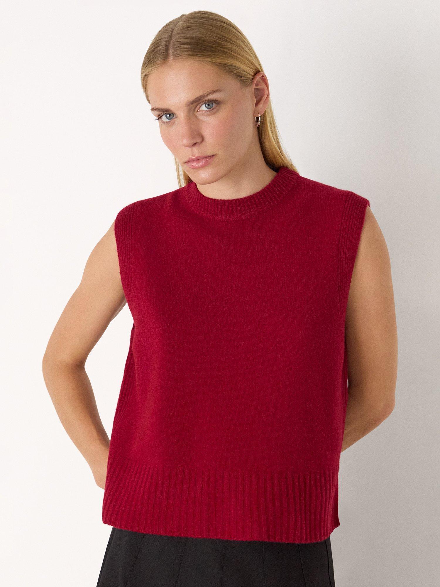 Product image 1 of 5, which shows Whistles Round Neck Wool Sleeveless Tank Top, Dark Red, XS