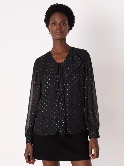 Whistles Metallic Dobby Frill Polka Dot Blouse, Black/Multi