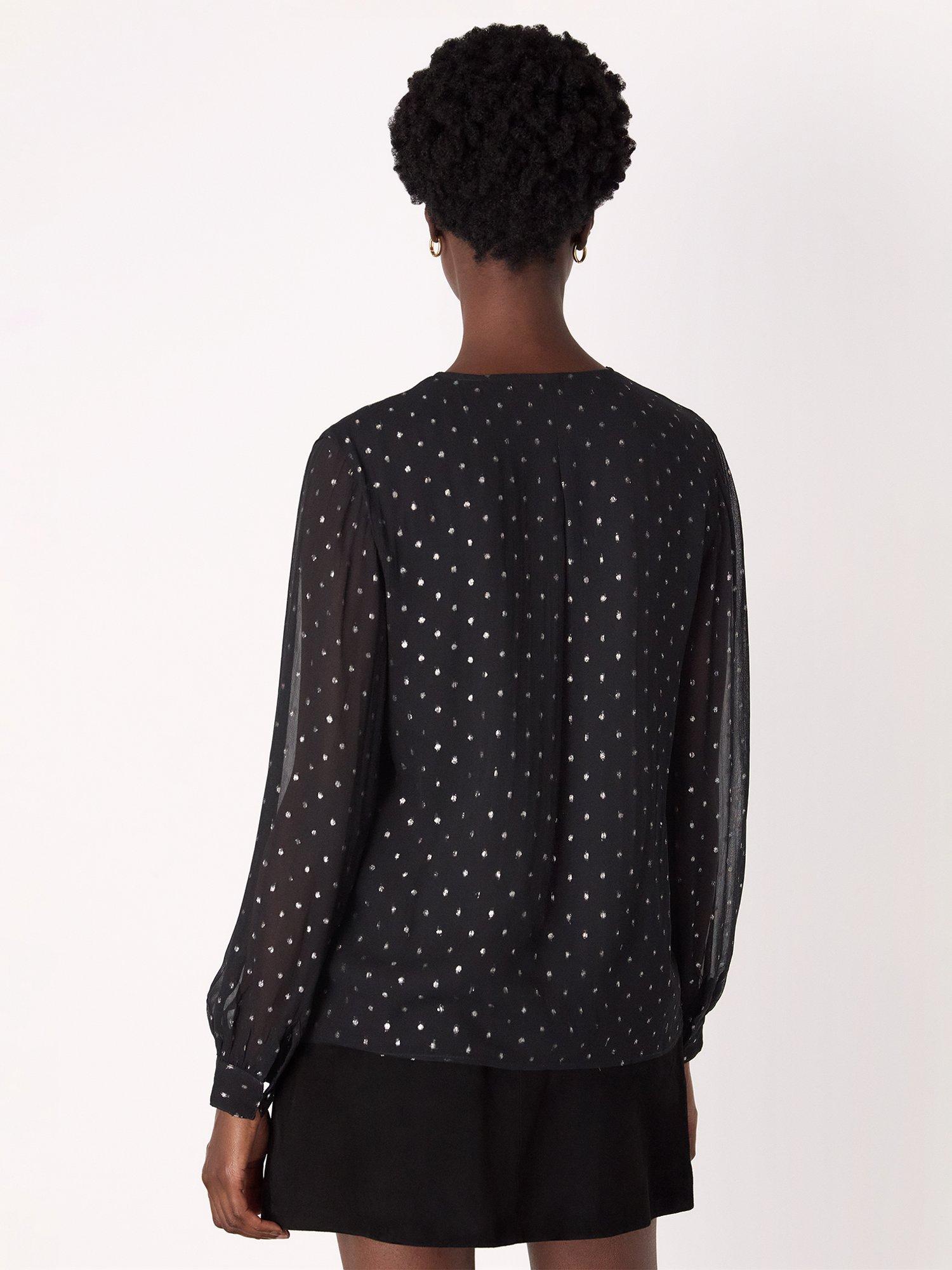 Product image 2 of 5, which shows Whistles Metallic Dobby Frill Polka Dot Blouse , Black/Multi, 6