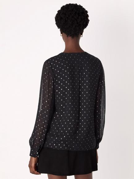 Whistles Metallic Dobby Frill Polka Dot Blouse - view 2, Black/Multi