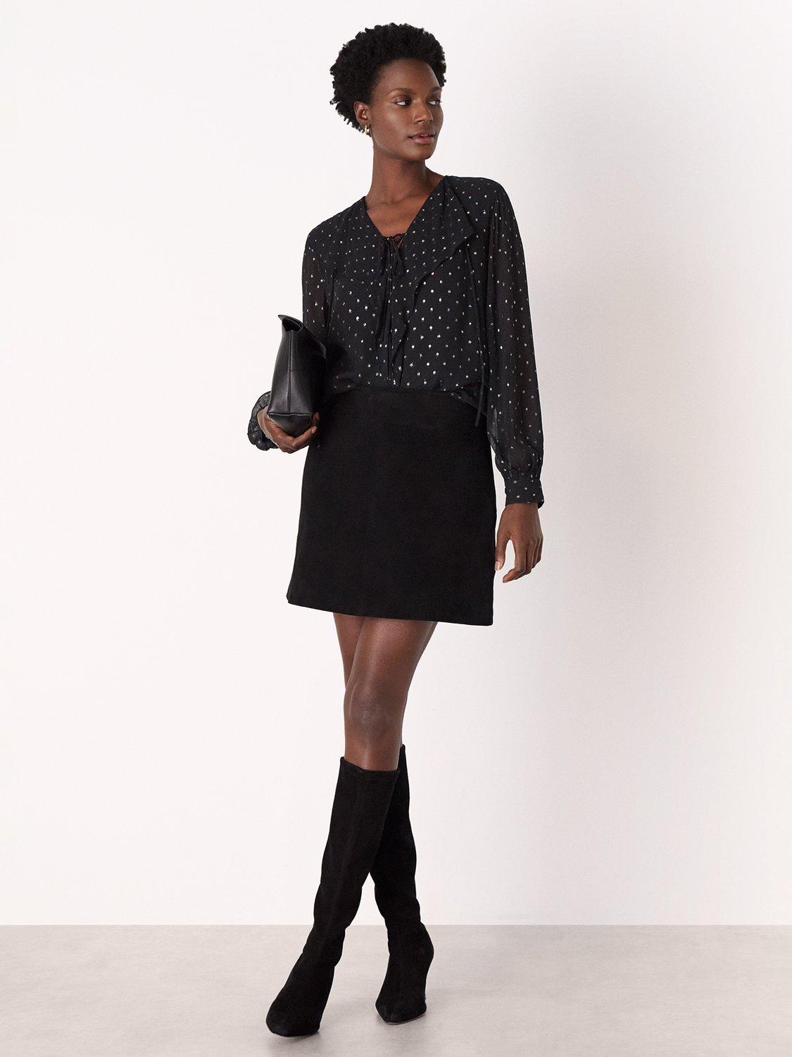 Product image 3 of 5, which shows Whistles Metallic Dobby Frill Polka Dot Blouse , Black/Multi, 6