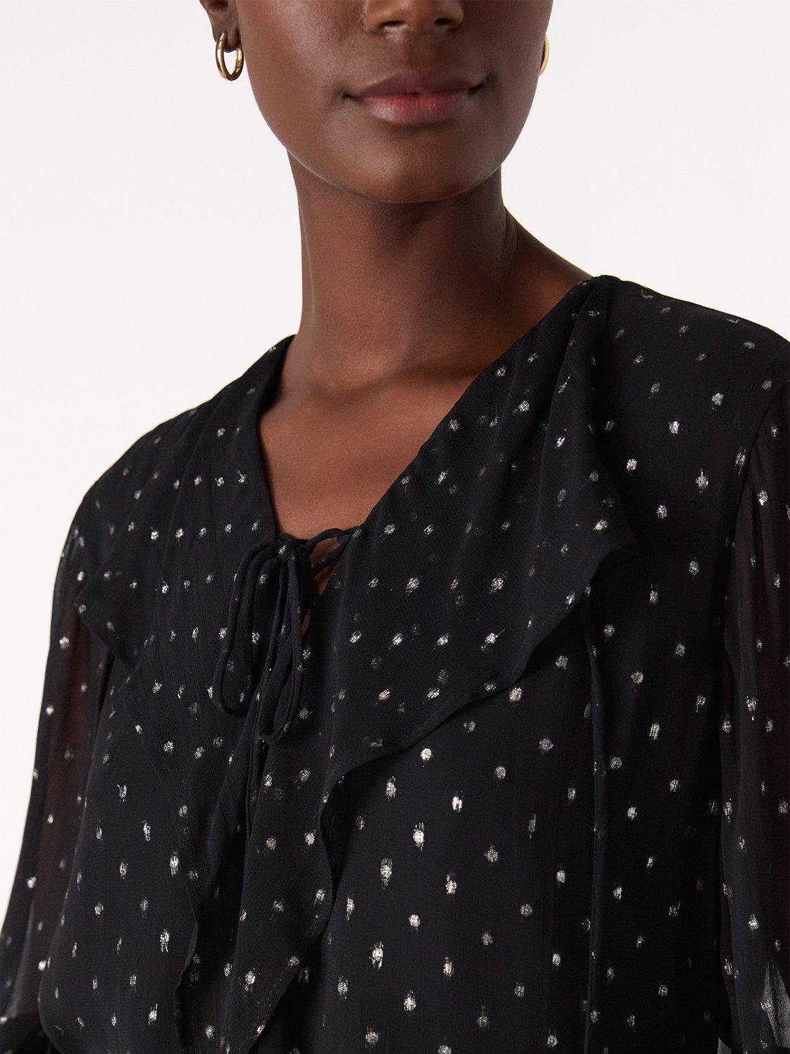 Product image 4 of 5, which shows Whistles Metallic Dobby Frill Polka Dot Blouse , Black/Multi, 6