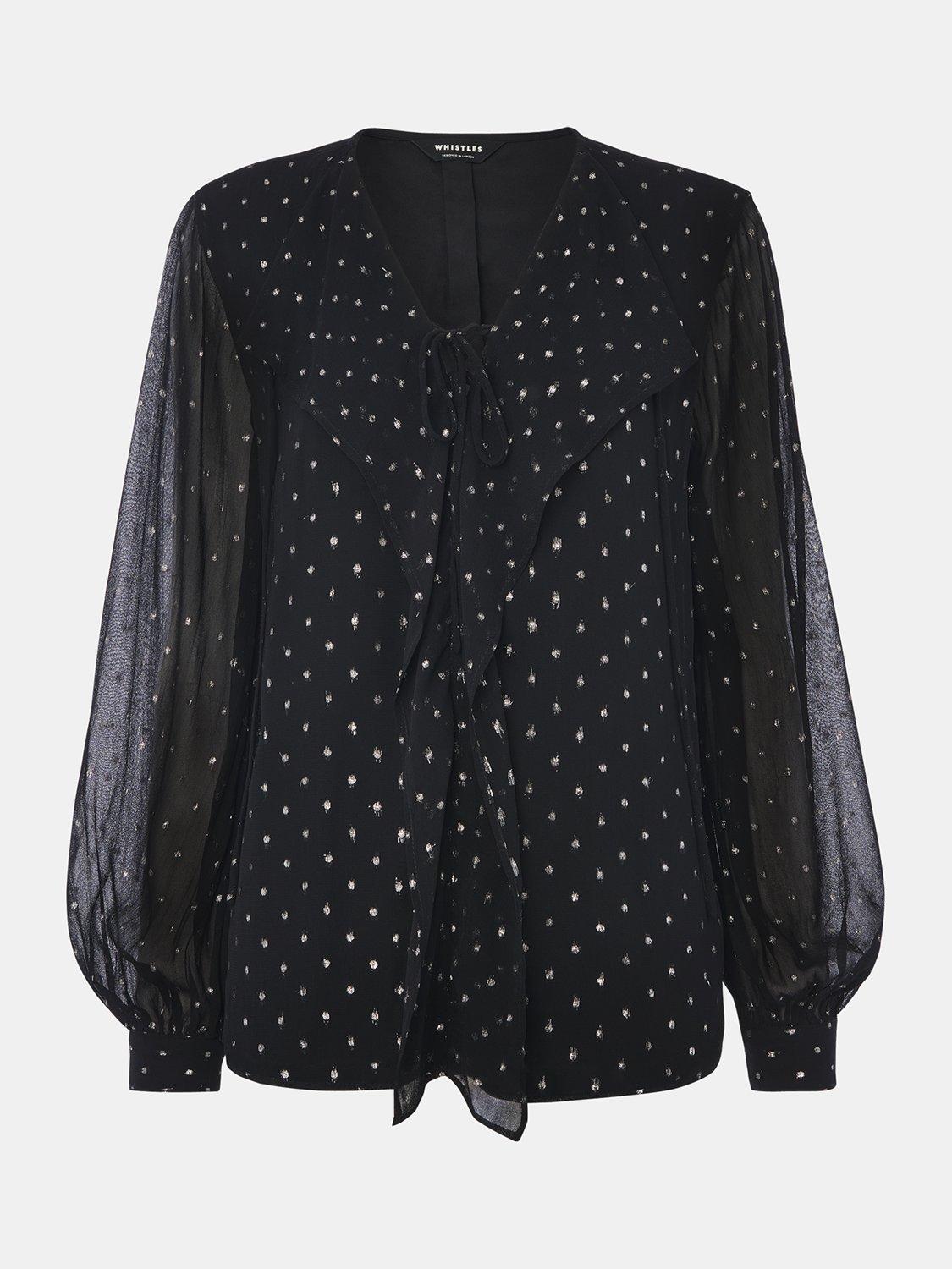 Product image 5 of 5, which shows Whistles Metallic Dobby Frill Polka Dot Blouse , Black/Multi, 6