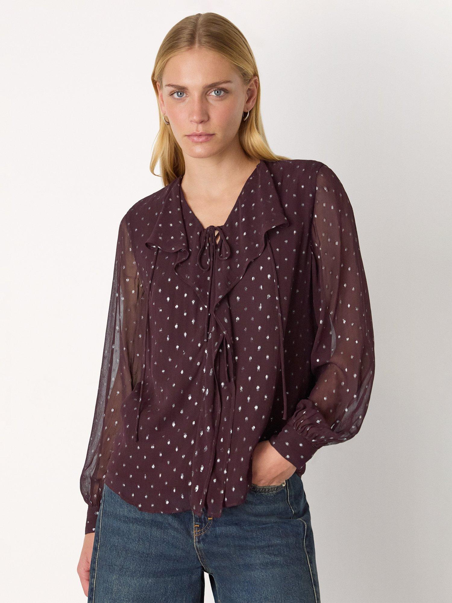 Product image 1 of 5, which shows Whistles Metallic Long Sleeve Dobby Blouse , Burgundy/Multi, 6