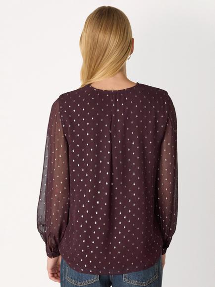 Whistles Metallic Long Sleeve Dobby Blouse - view 2, Burgundy/Multi
