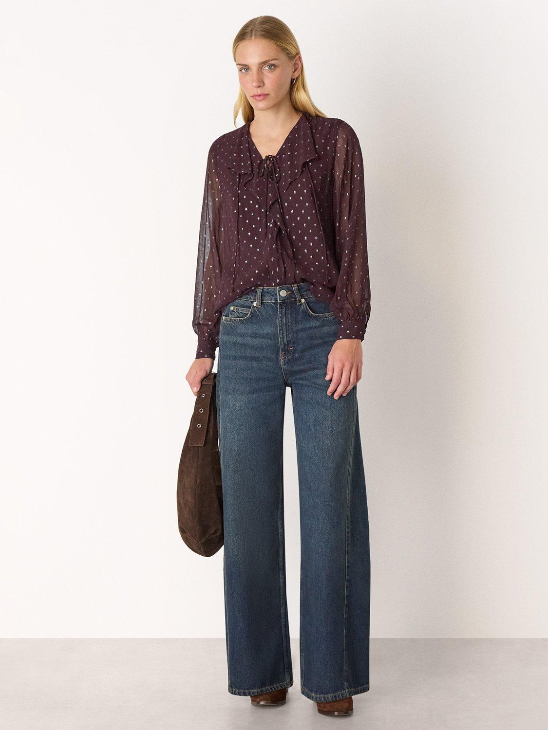 Product image 3 of 5, which shows Whistles Metallic Long Sleeve Dobby Blouse , Burgundy/Multi, 6