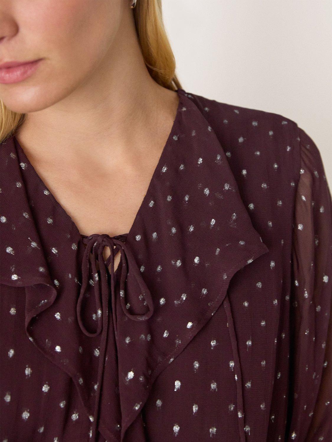 Product image 4 of 5, which shows Whistles Metallic Long Sleeve Dobby Blouse , Burgundy/Multi, 6