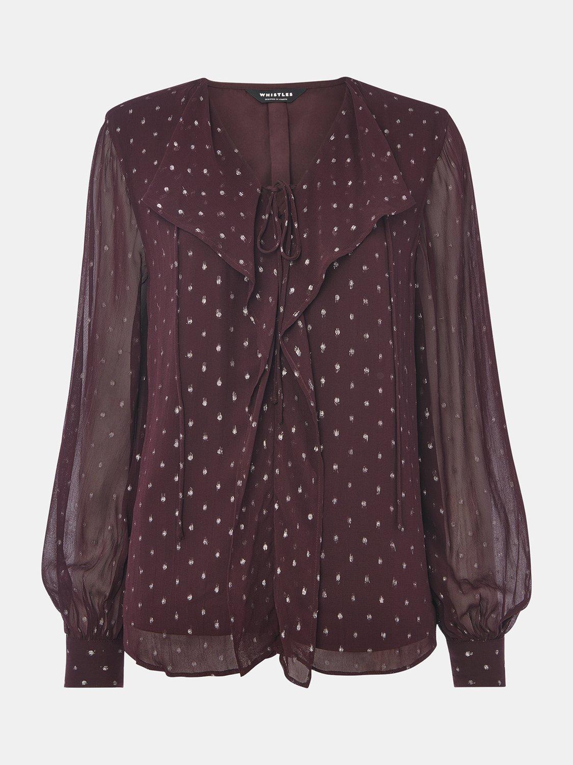 Product image 5 of 5, which shows Whistles Metallic Long Sleeve Dobby Blouse , Burgundy/Multi, 6
