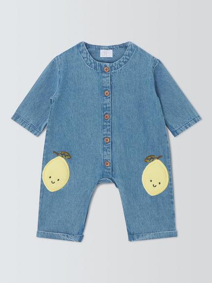 John Lewis Baby Lemon Denim Romper, Blue, Blue