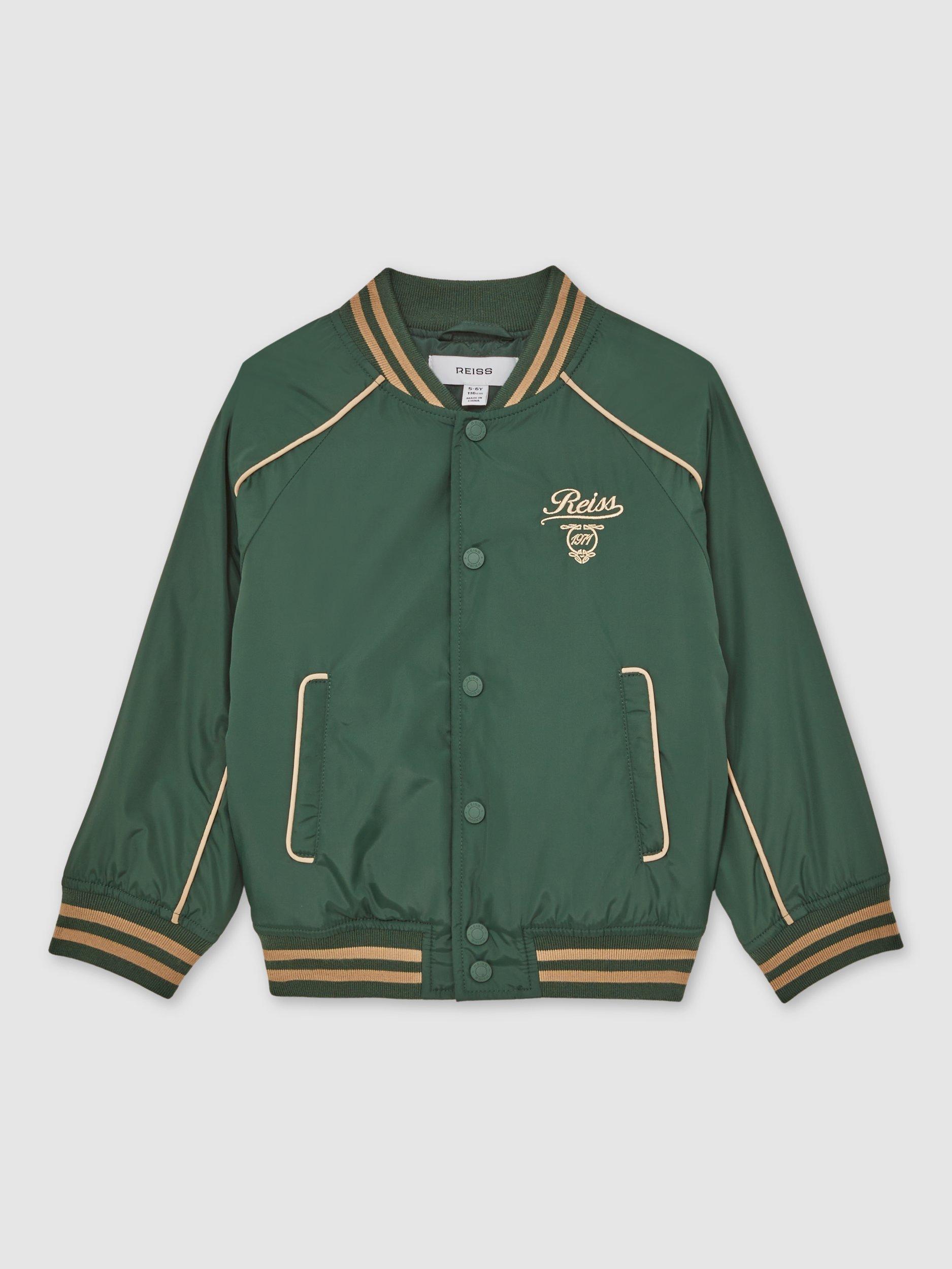 Product image 1 of 4, which shows Reiss Kids' Harvey Bomber Jacket, Forest Green/Off White, 10-11 years