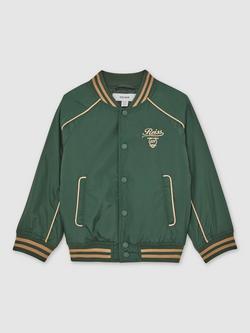 Reiss Kids' Harvey Bomber Jacket, Forest Green/Off White, Forest Green/Off White