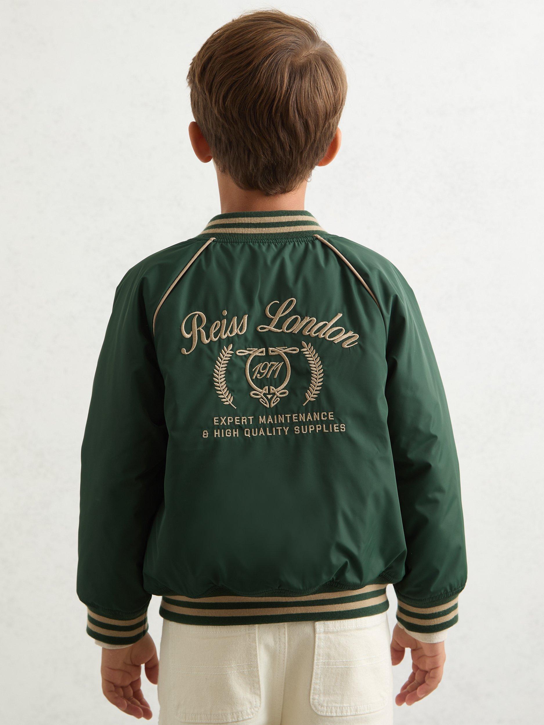 Product image 3 of 4, which shows Reiss Kids' Harvey Bomber Jacket, Forest Green/Off White, 10-11 years