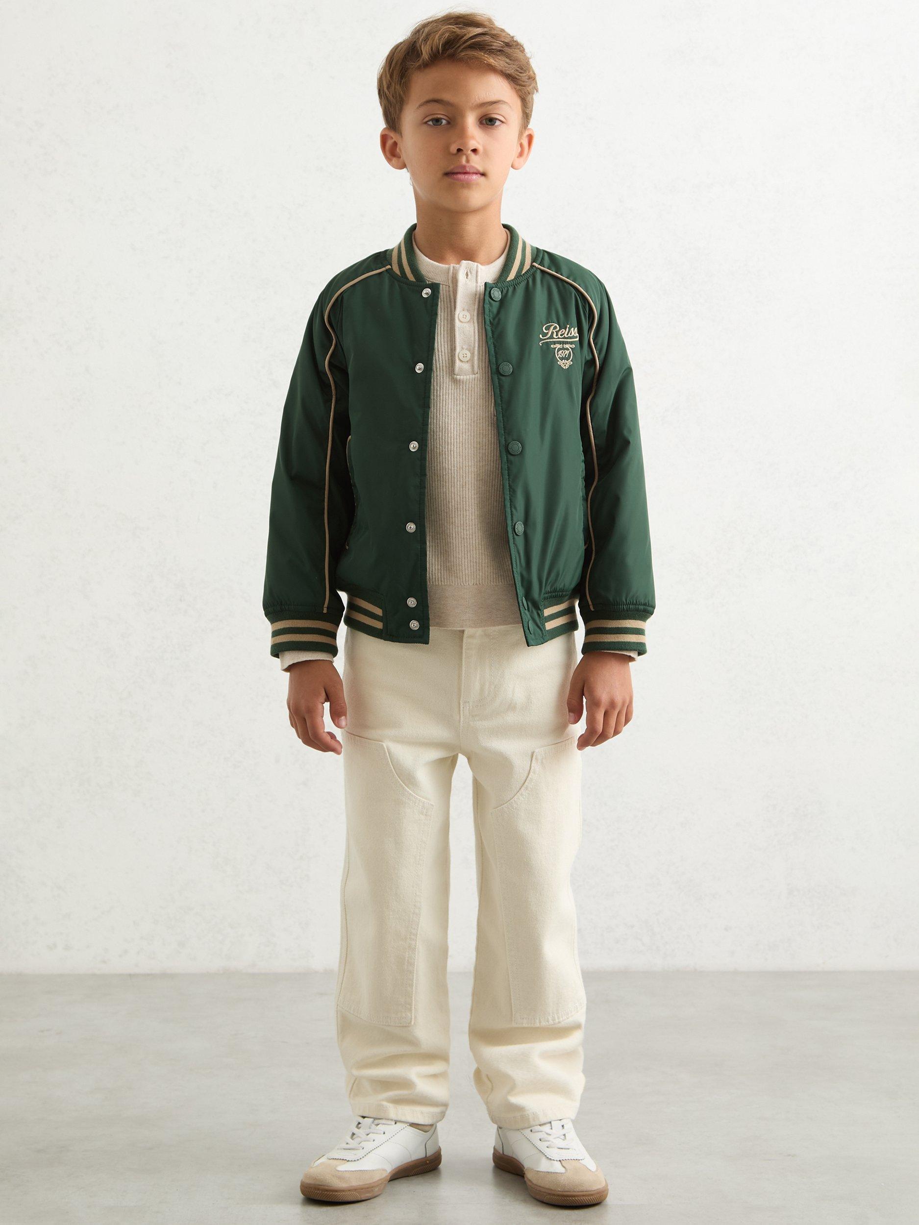 Product image 2 of 4, which shows Reiss Kids' Harvey Bomber Jacket, Forest Green/Off White, 10-11 years