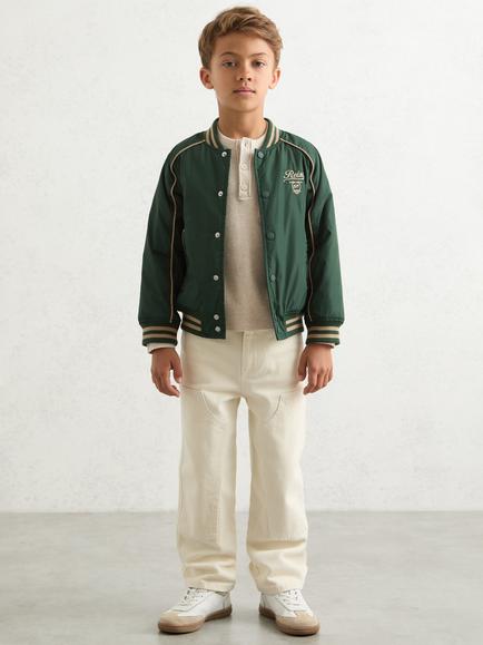 Reiss Kids' Harvey Bomber Jacket, Forest Green/Off White - view 2, Forest Green/Off White