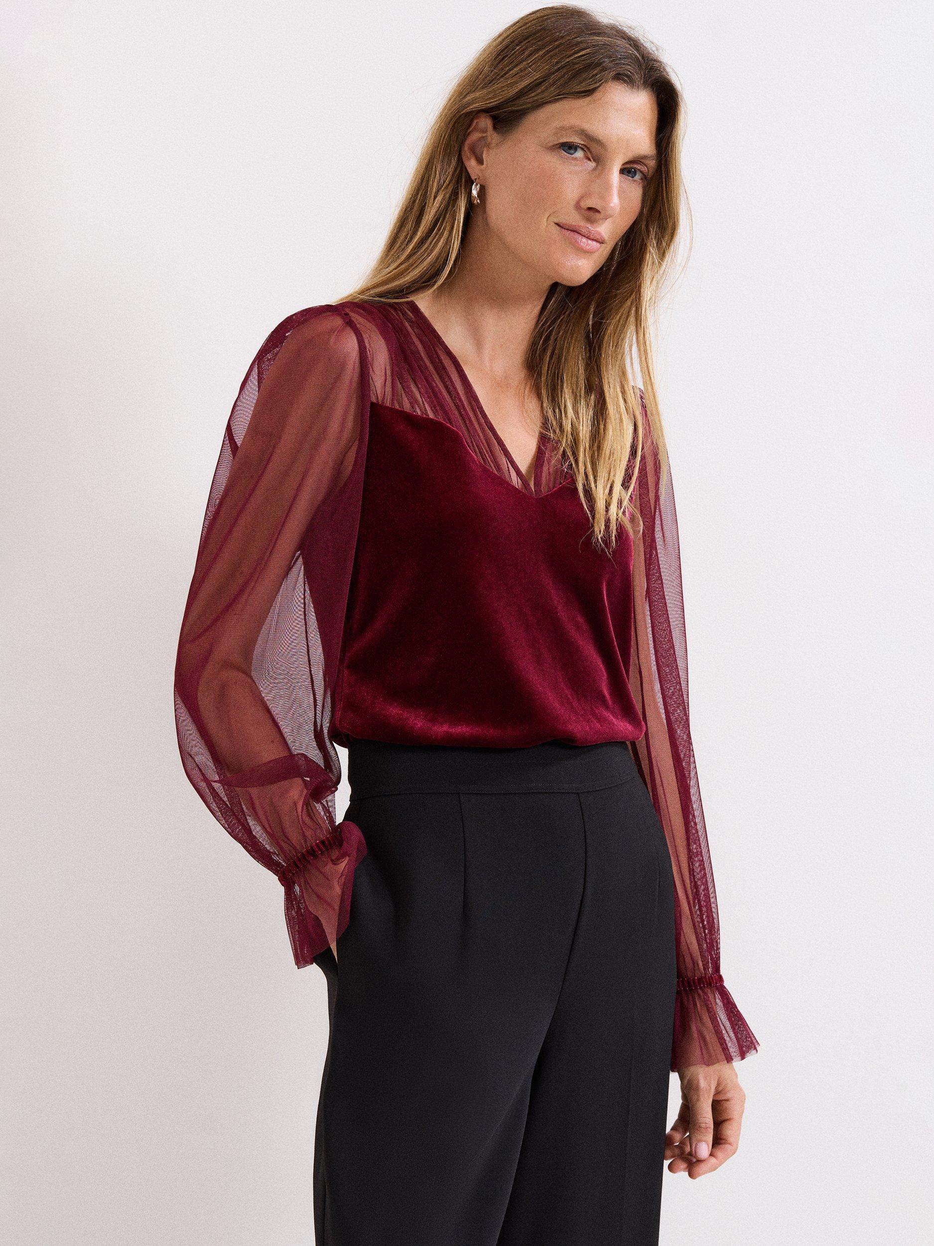 Product image 1 of 8, which shows Phase Eight Cindy Velvet Blouse, Burgundy, 8