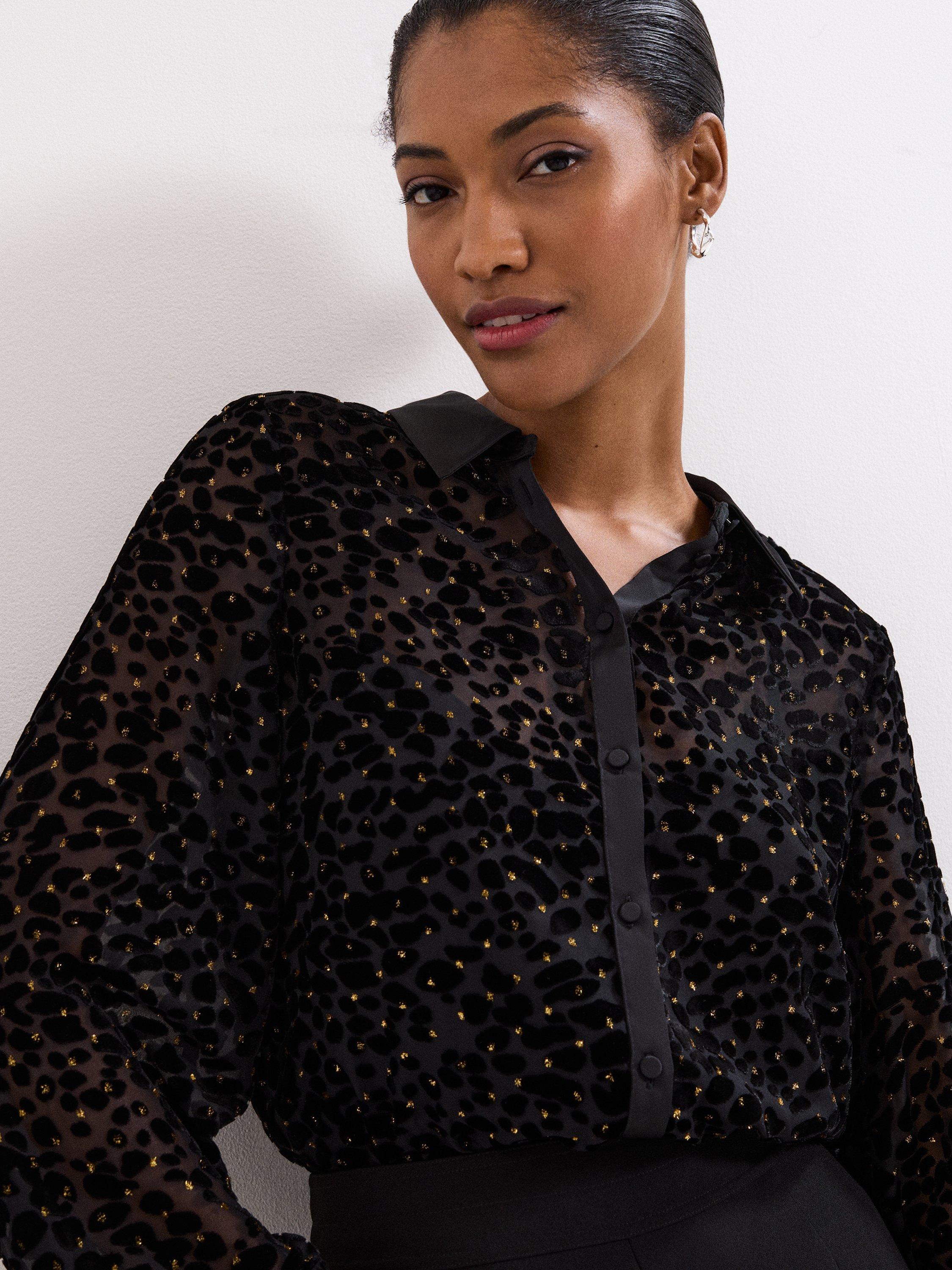 Product image 5 of 8, which shows Phase Eight Della Animal Print Burnout Shirt, Black, 8