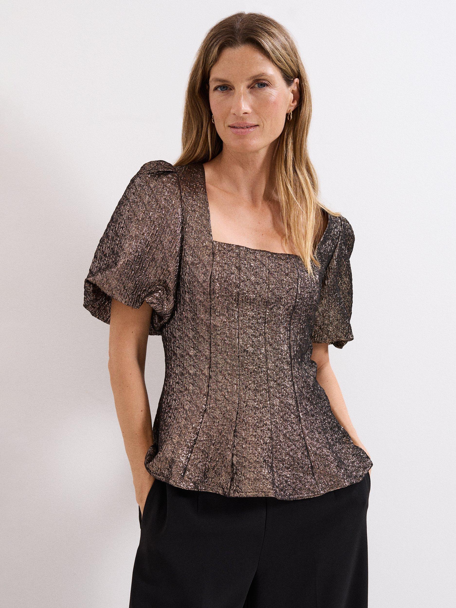 Product image 1 of 8, which shows Phase Eight Kassie Jacquard Peplum Top, Gold, 8