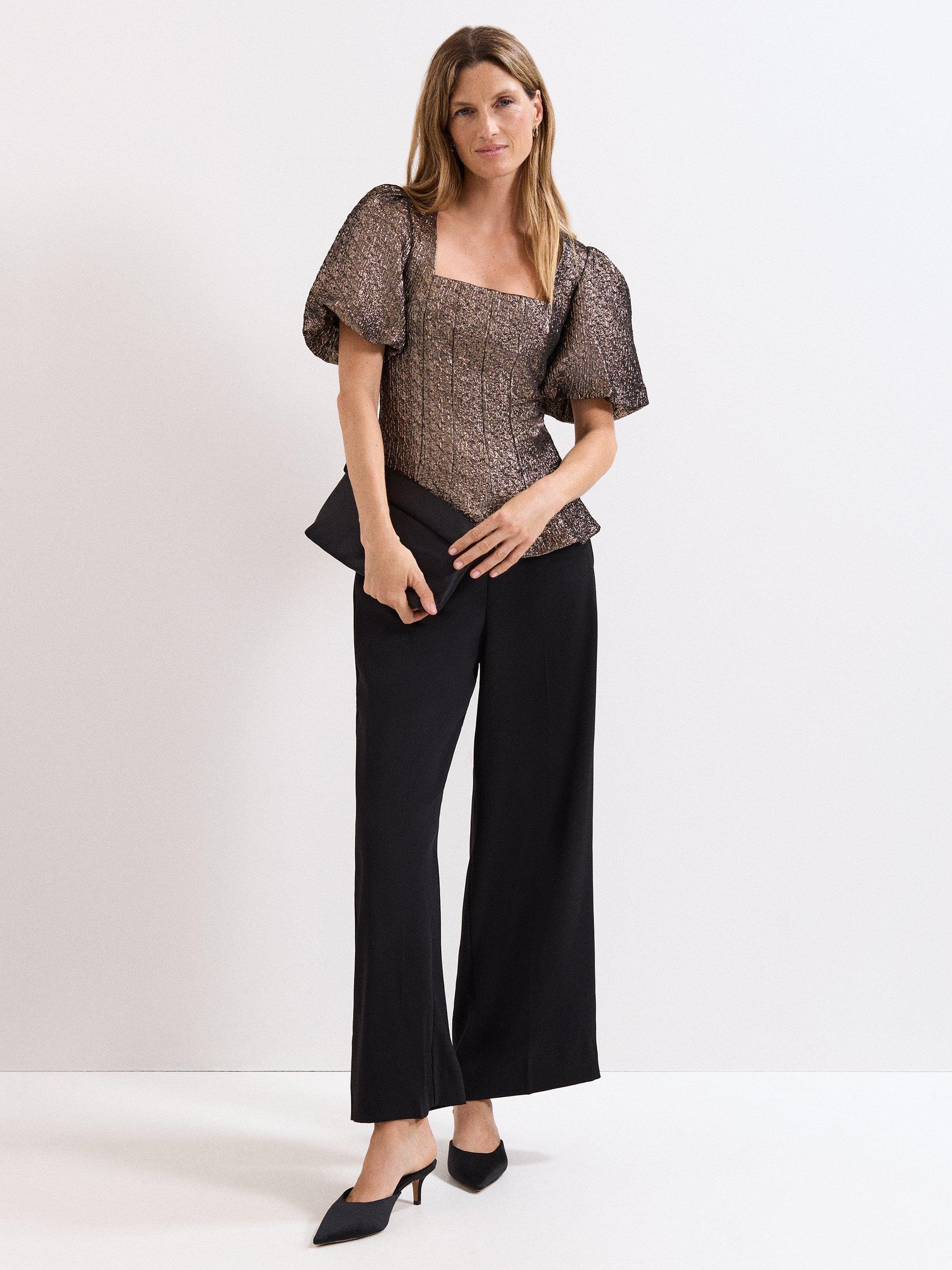 Product image 3 of 8, which shows Phase Eight Kassie Jacquard Peplum Top, Gold, 8