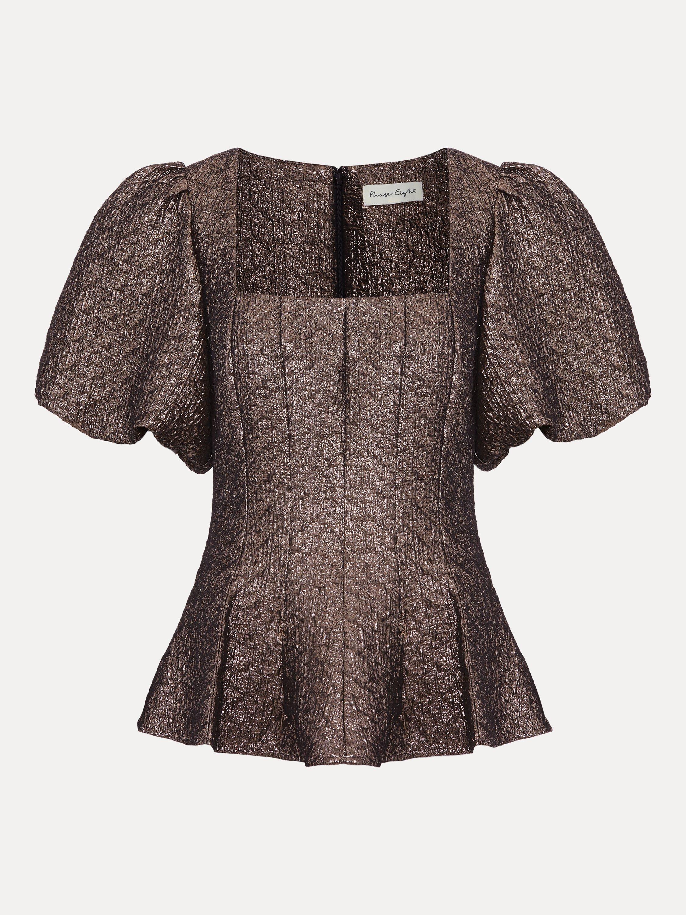 Product image 4 of 8, which shows Phase Eight Kassie Jacquard Peplum Top, Gold, 8
