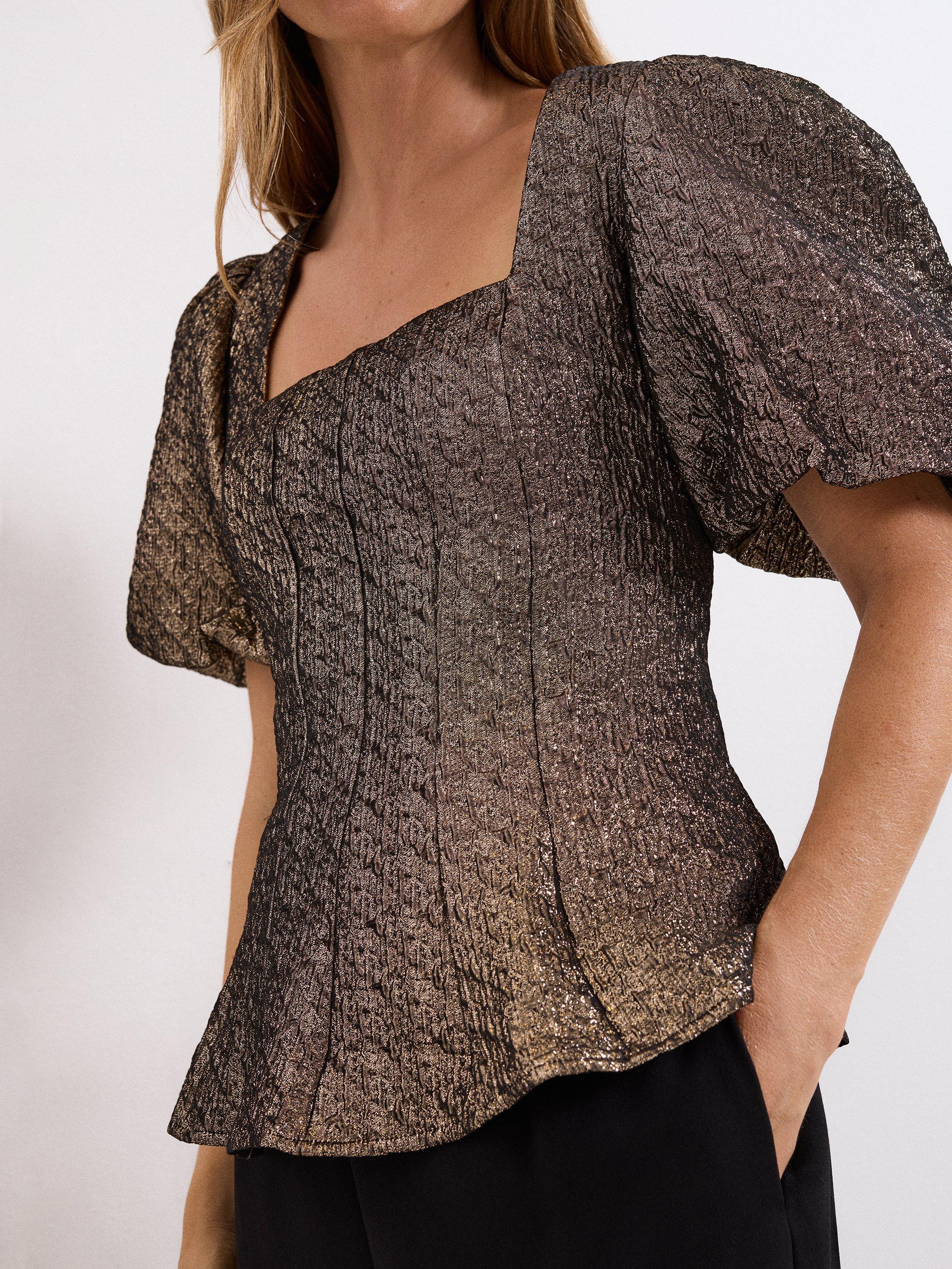 Product image 7 of 8, which shows Phase Eight Kassie Jacquard Peplum Top, Gold, 8