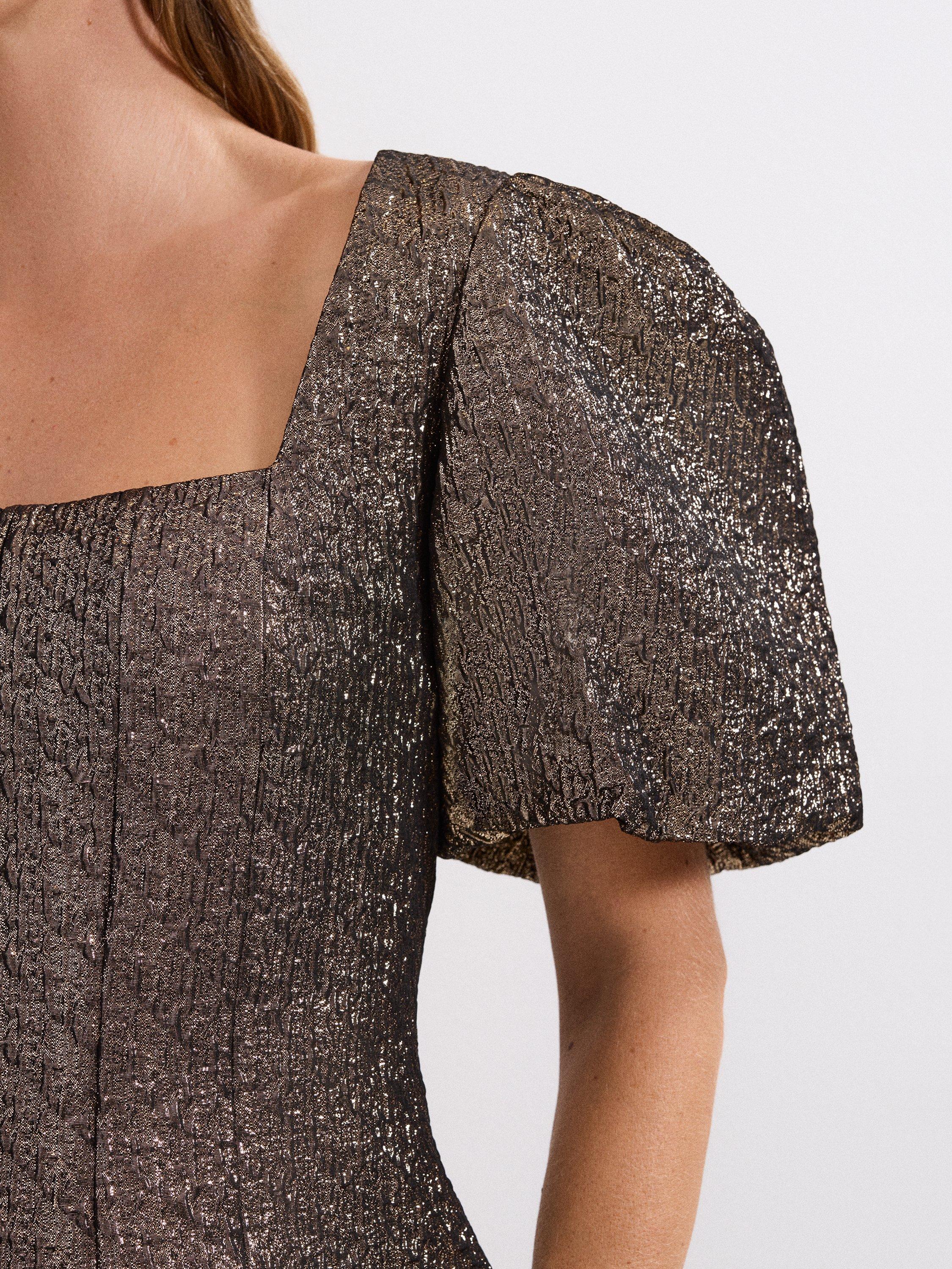 Product image 8 of 8, which shows Phase Eight Kassie Jacquard Peplum Top, Gold, 8