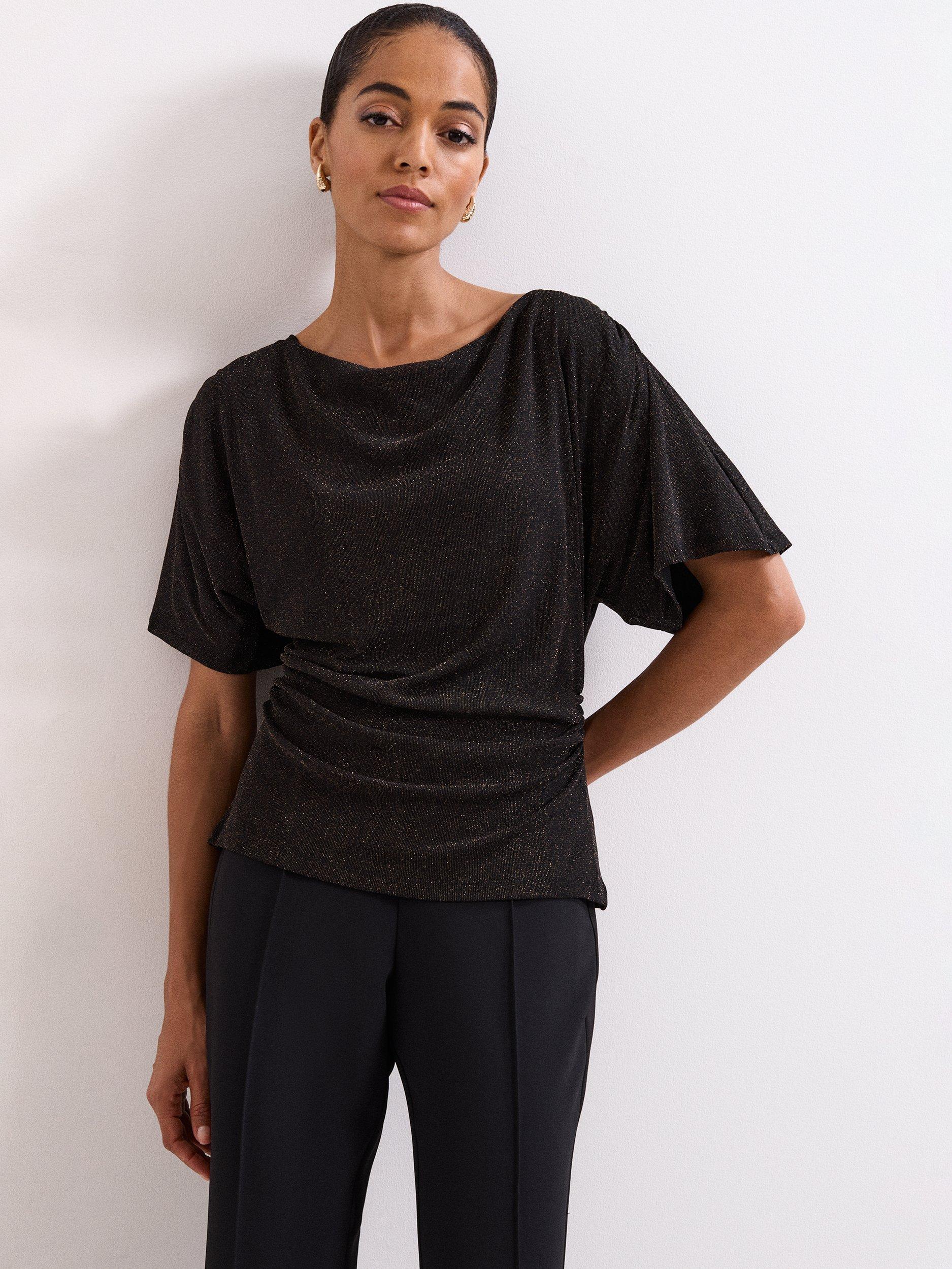 Product image 1 of 9, which shows Phase Eight Martha Draped Top, Black Gold, 8