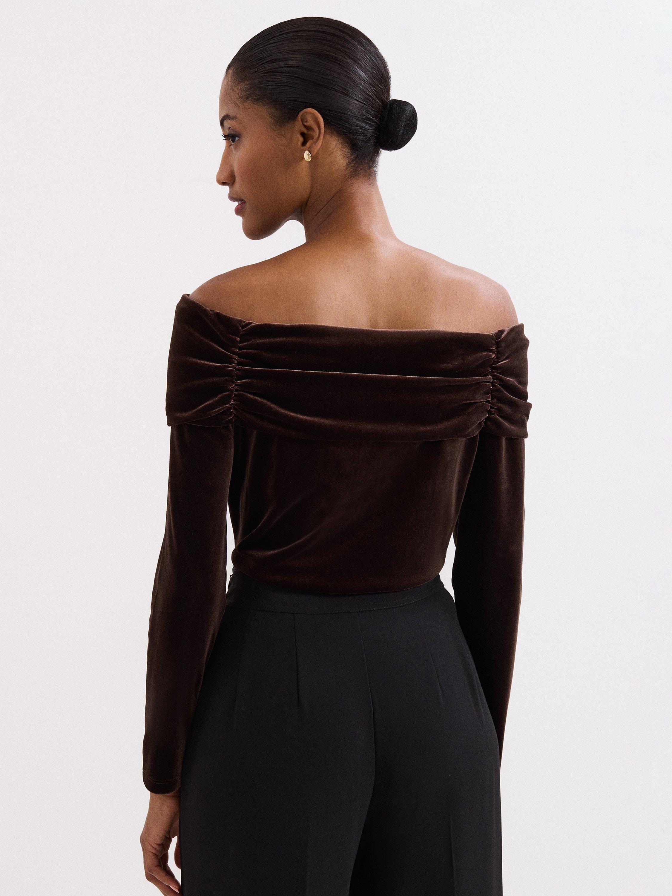 Product image 2 of 7, which shows Phase Eight Orelia Velvet Bardot Top, Bronze, 10