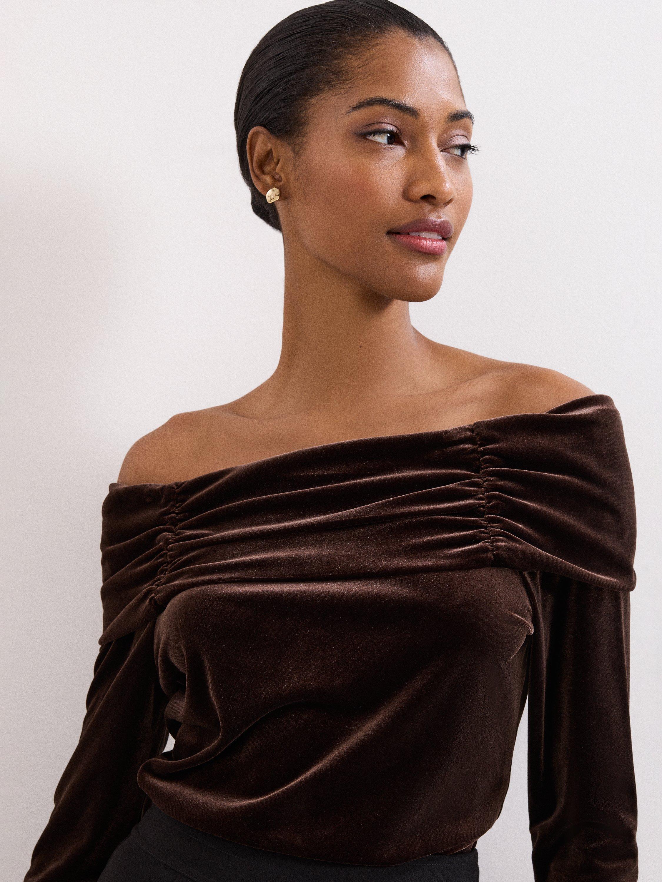 Product image 4 of 7, which shows Phase Eight Orelia Velvet Bardot Top, Bronze, 10