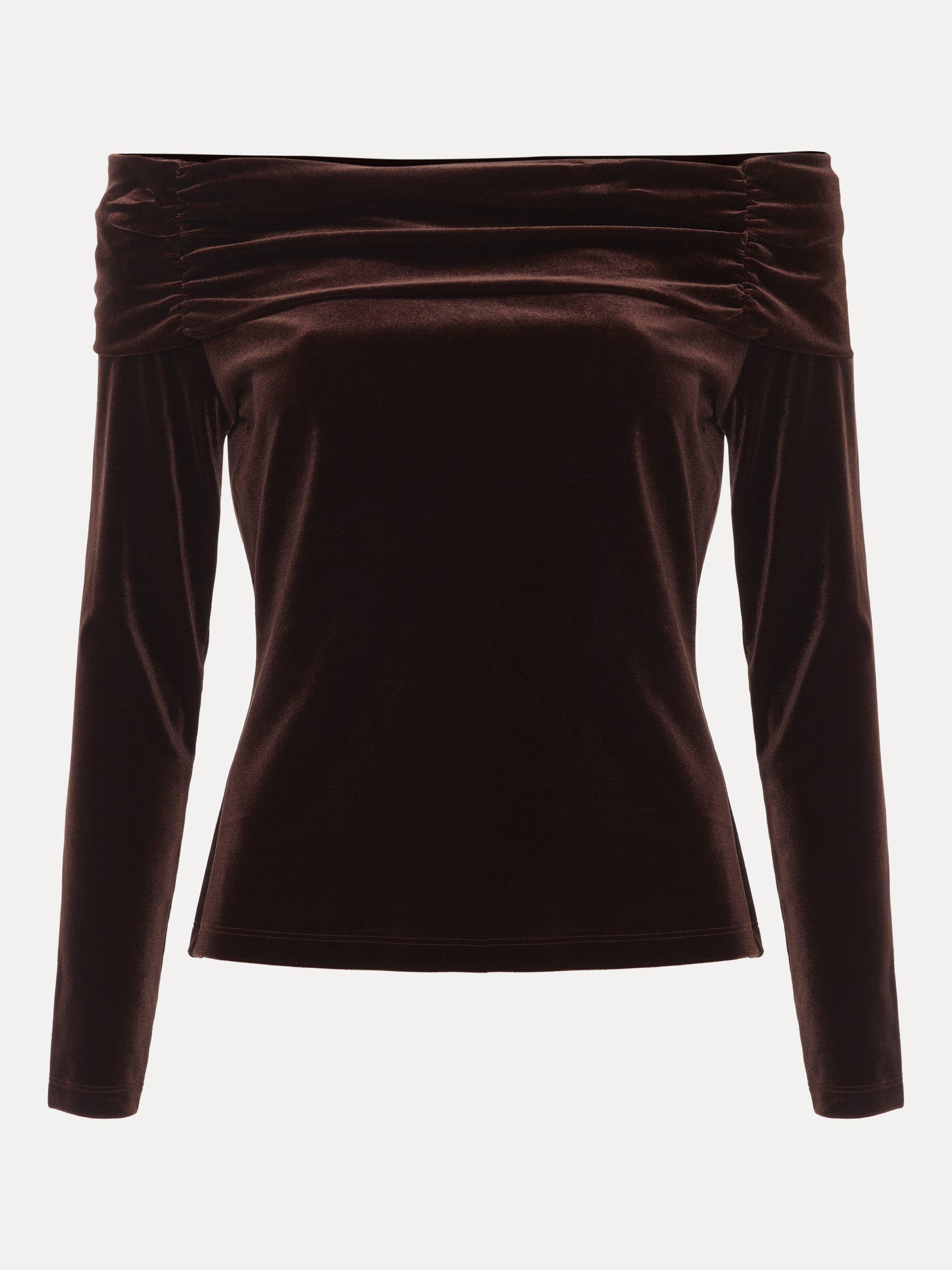 Product image 5 of 7, which shows Phase Eight Orelia Velvet Bardot Top, Bronze, 10