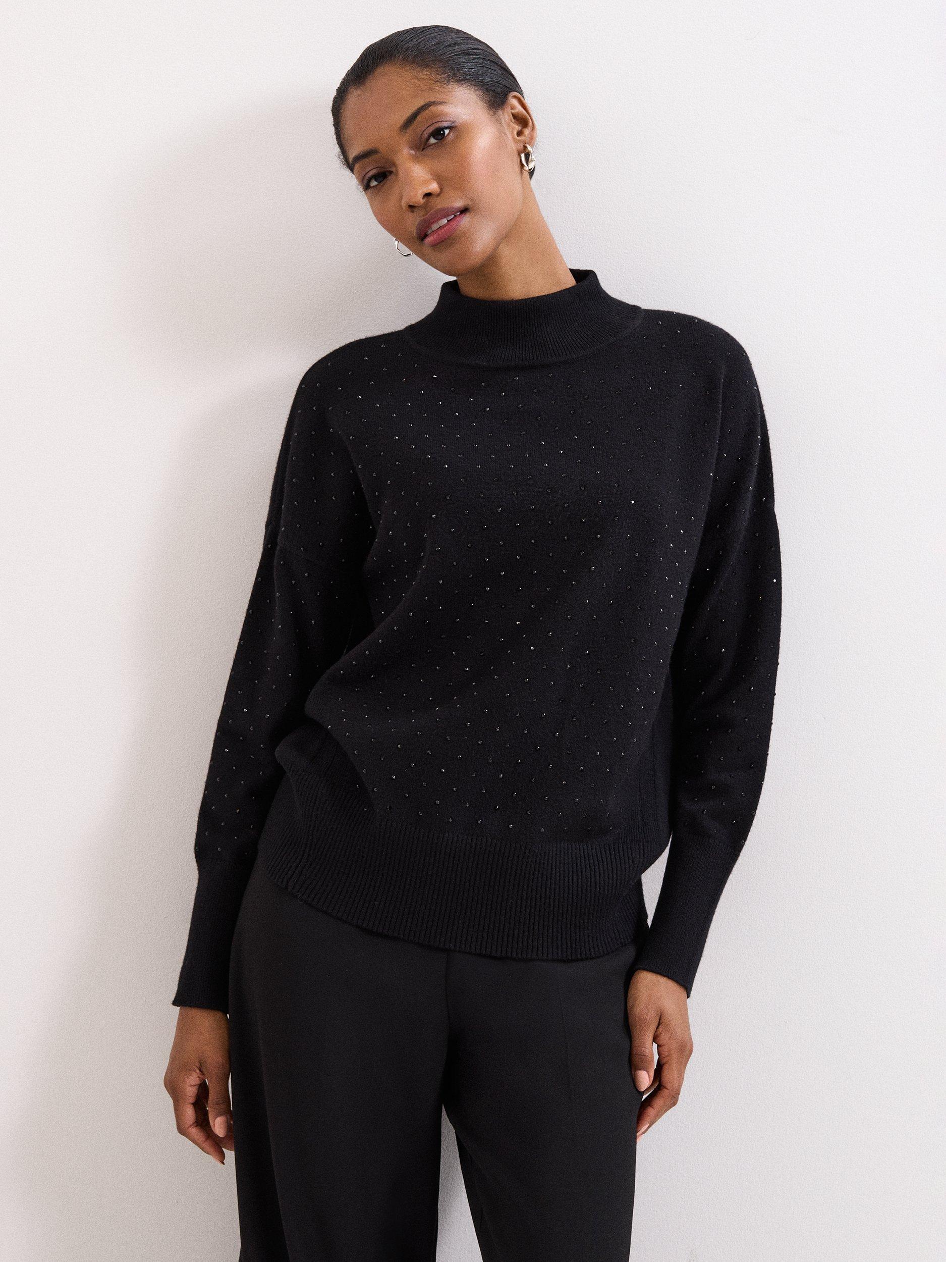 Product image 1 of 9, which shows Phase Eight Steph Studded Roll Neck Jumper, Black, XS