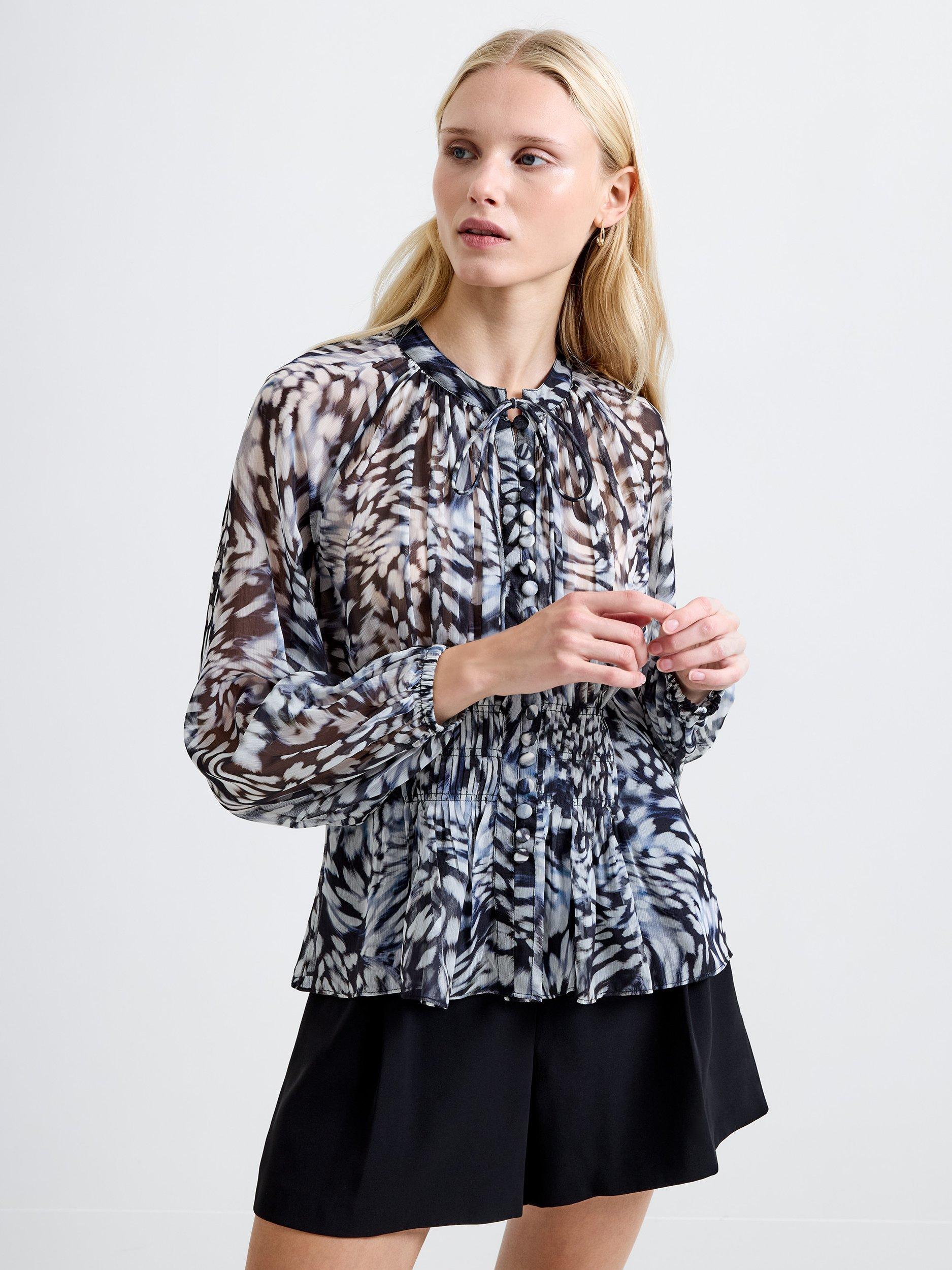 Product image 1 of 5, which shows French Connection Emma Abstract Sheer Sleeve Top, Charcoal, 6