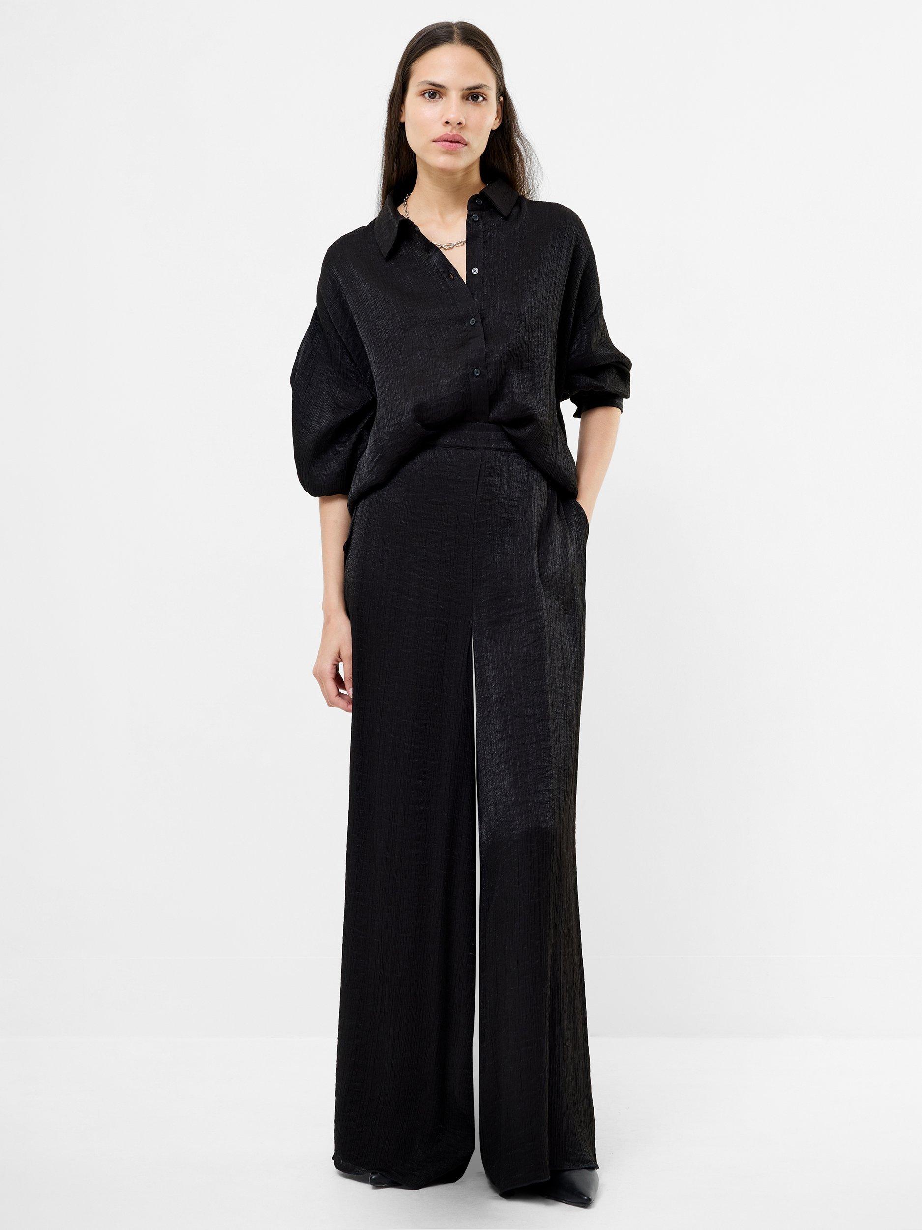 Product image 1 of 5, which shows French Connection Terry Crinkle Wide Leg Trousers, Black, XS