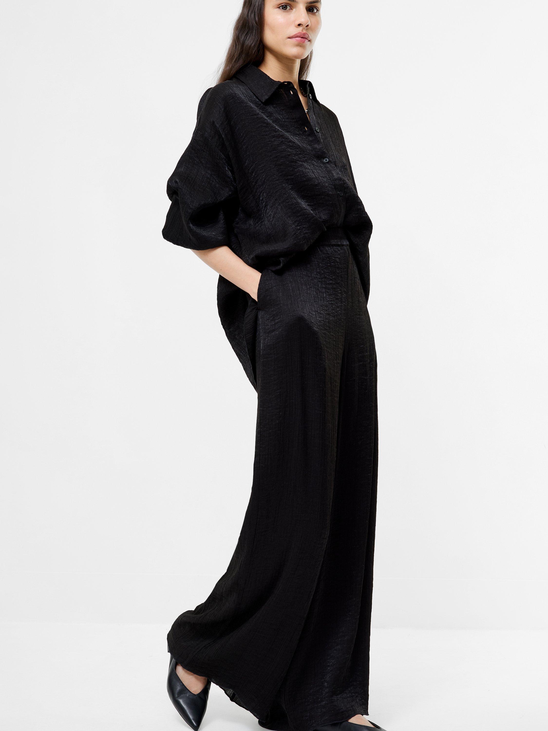 Product image 4 of 5, which shows French Connection Terry Crinkle Wide Leg Trousers, Black, XS