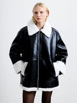French Connection Ajani Faux Leather Coat, Black/Cream, Black/Cream