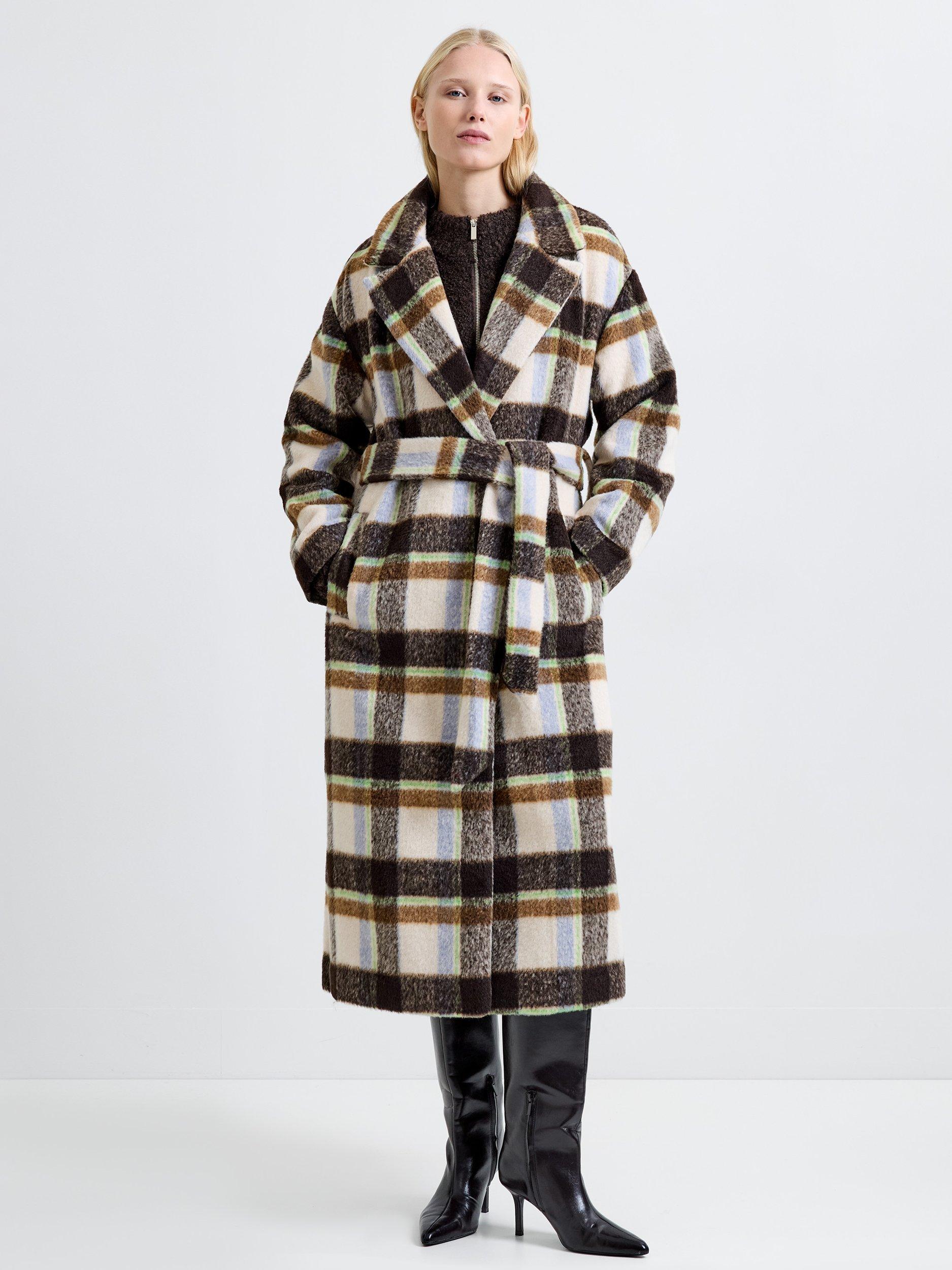 Product image 1 of 1, which shows French Connection Remi Check Belted Coat, Brown/Multi, XS