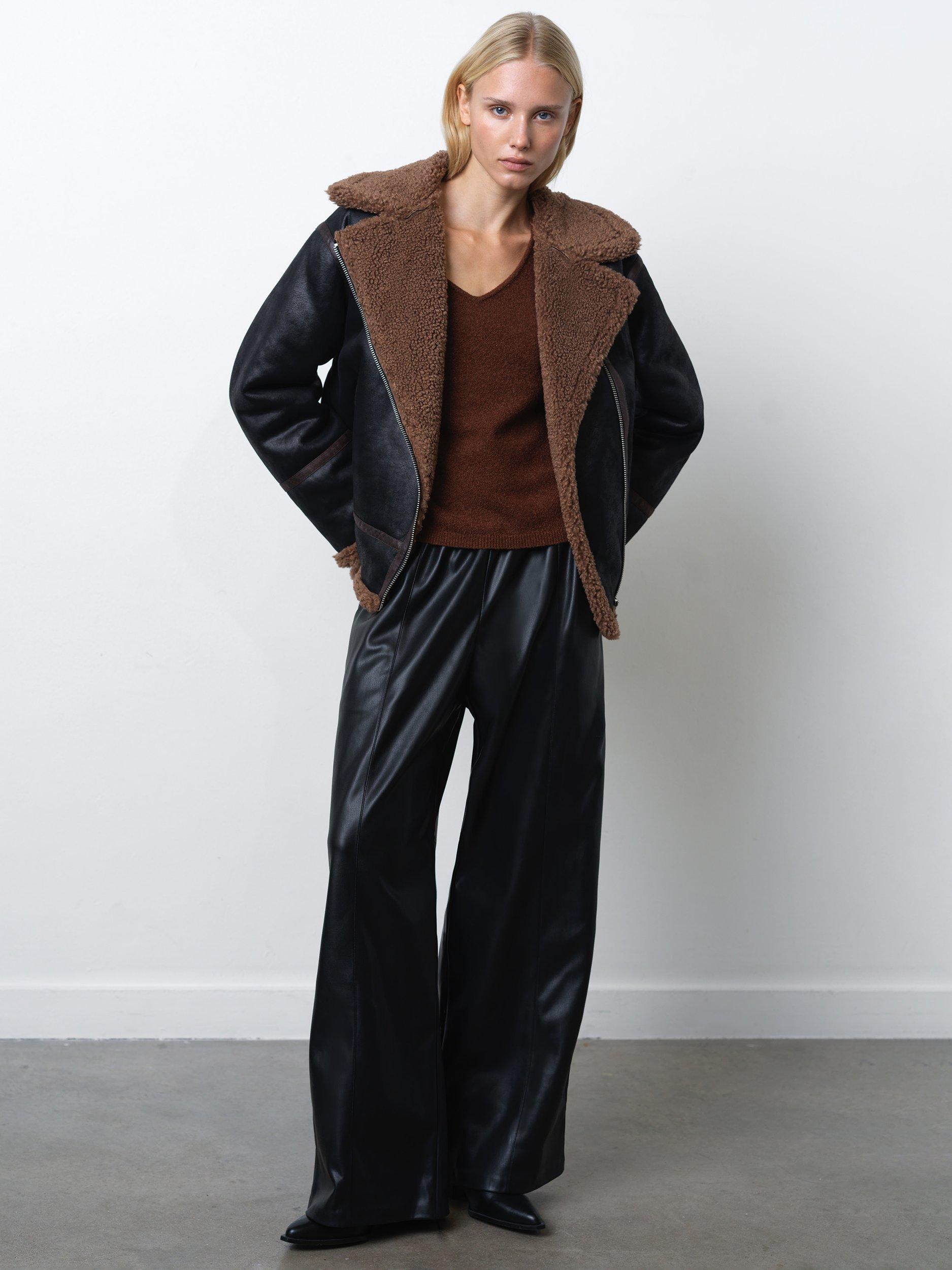 French Connection Faux Suede Aviator Jacket, Black Brown