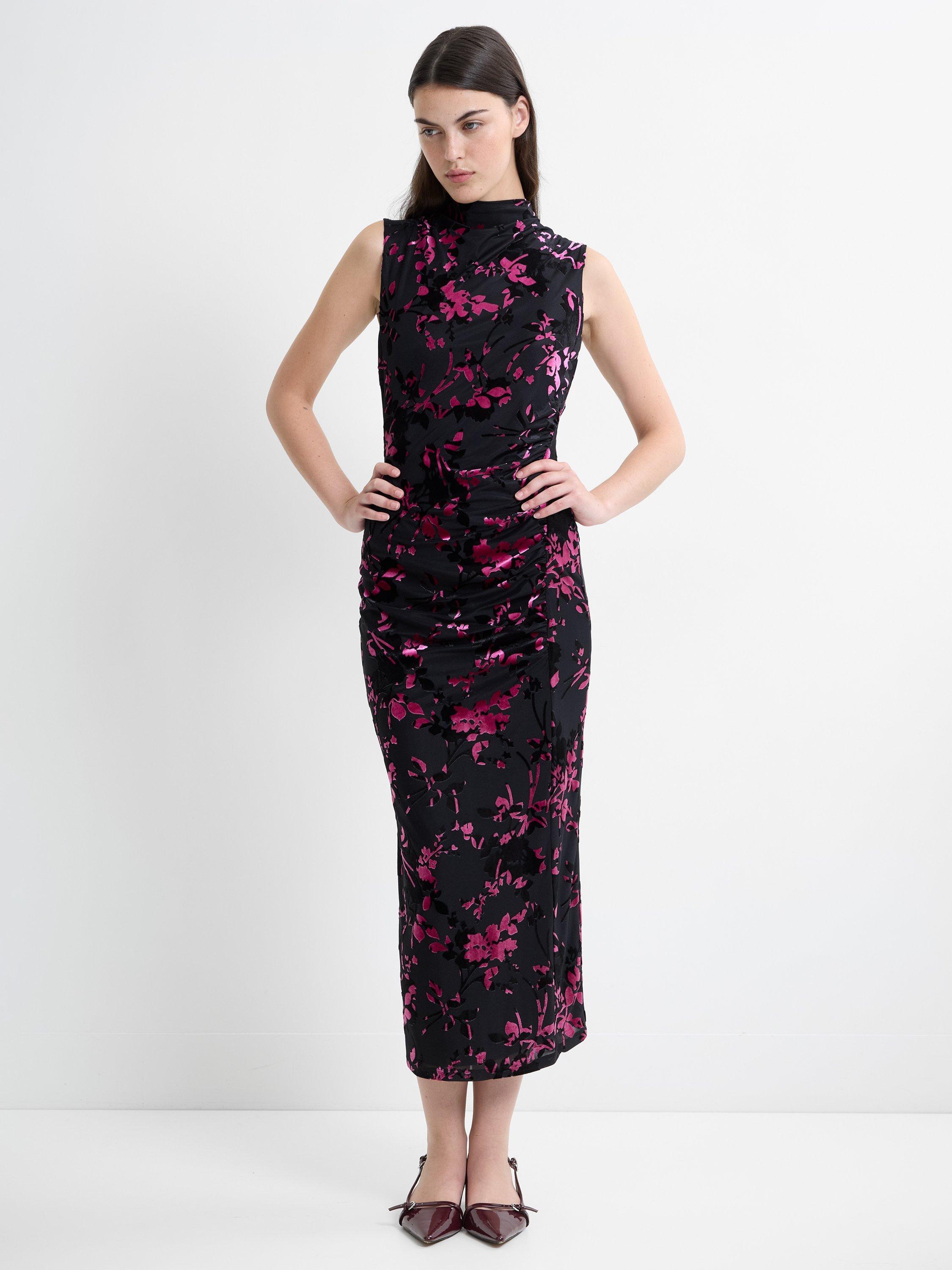 Product image 1 of 4, which shows French Connection Idina Devore Sleeveless Draped Midi Dress, Black/Pink, XS