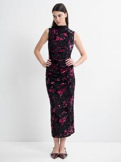 French Connection Idina Devore Sleeveless Draped Midi Dress, Black/Pink, Black/Pink