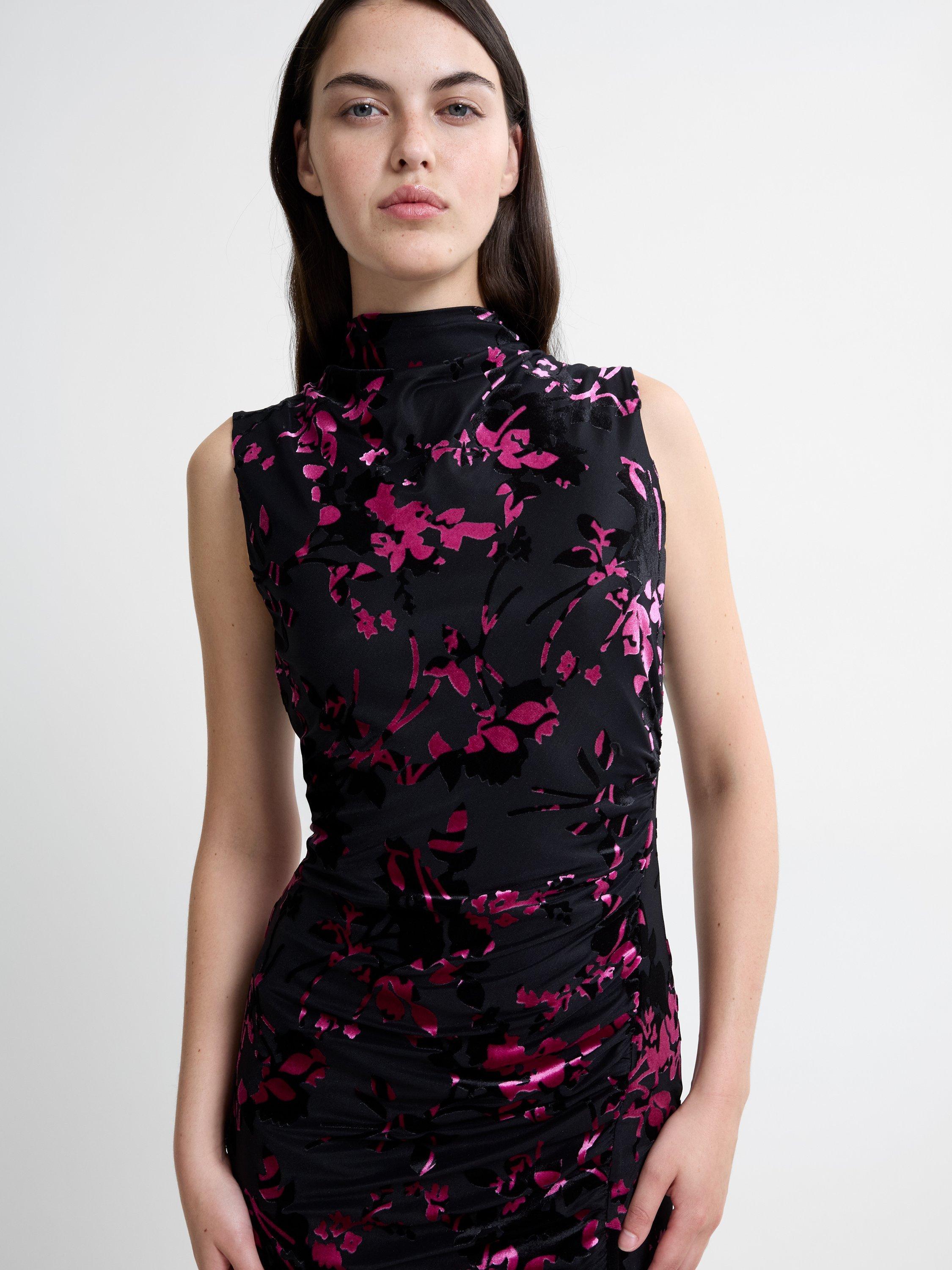 Product image 2 of 4, which shows French Connection Idina Devore Sleeveless Draped Midi Dress, Black/Pink, XS