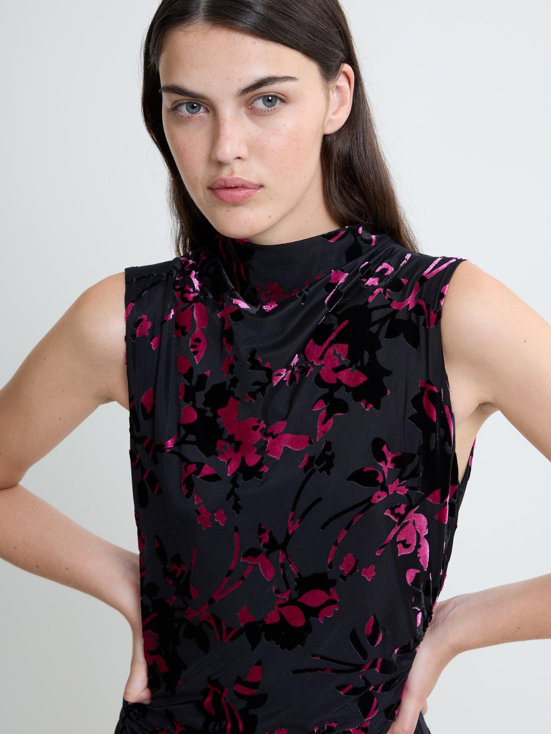 Product image 3 of 4, which shows French Connection Idina Devore Sleeveless Draped Midi Dress, Black/Pink, XS