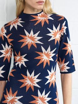 French Connection Imelda Star Jacquard Knit Dress, Evening Blue/Multi - view 2, Evening Blue/Multi