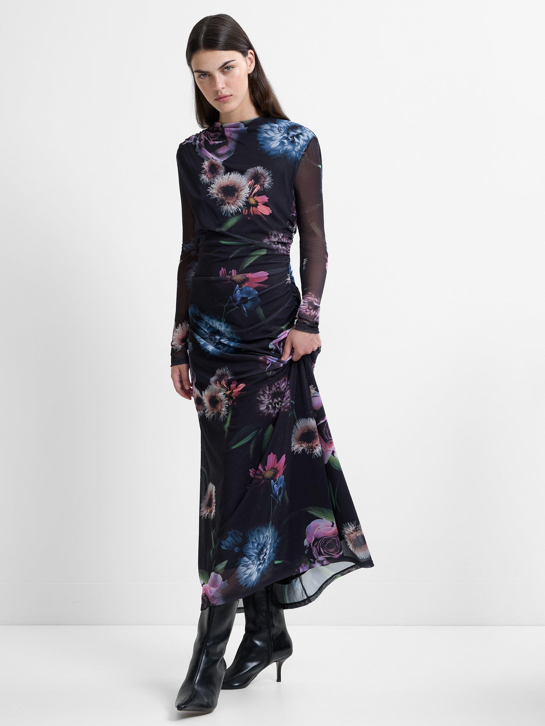 Product image 1 of 6, which shows French Connection Tarissa Floral Mesh Dress, Black/Multi, XS