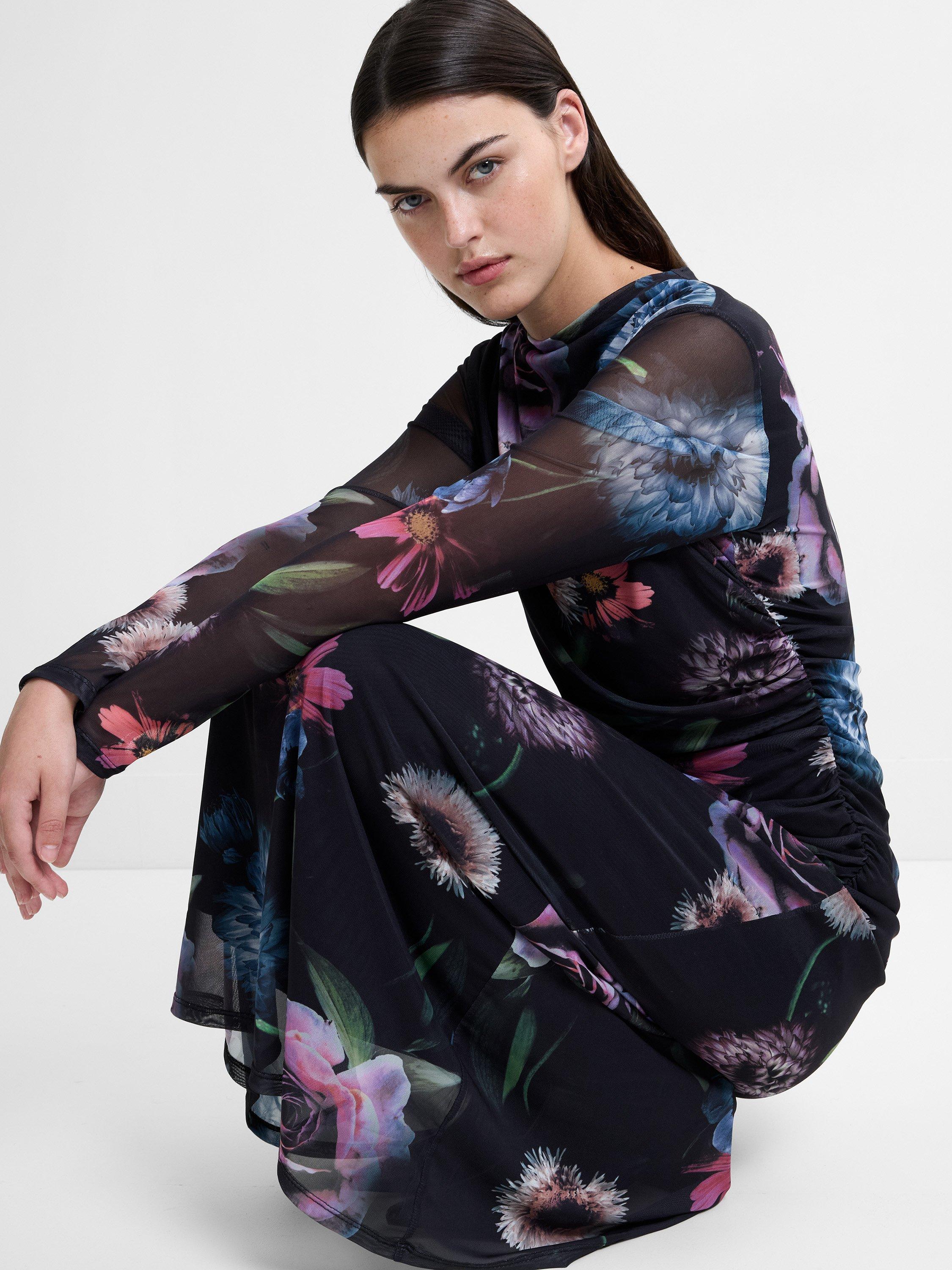 Product image 2 of 6, which shows French Connection Tarissa Floral Mesh Dress, Black/Multi, XS