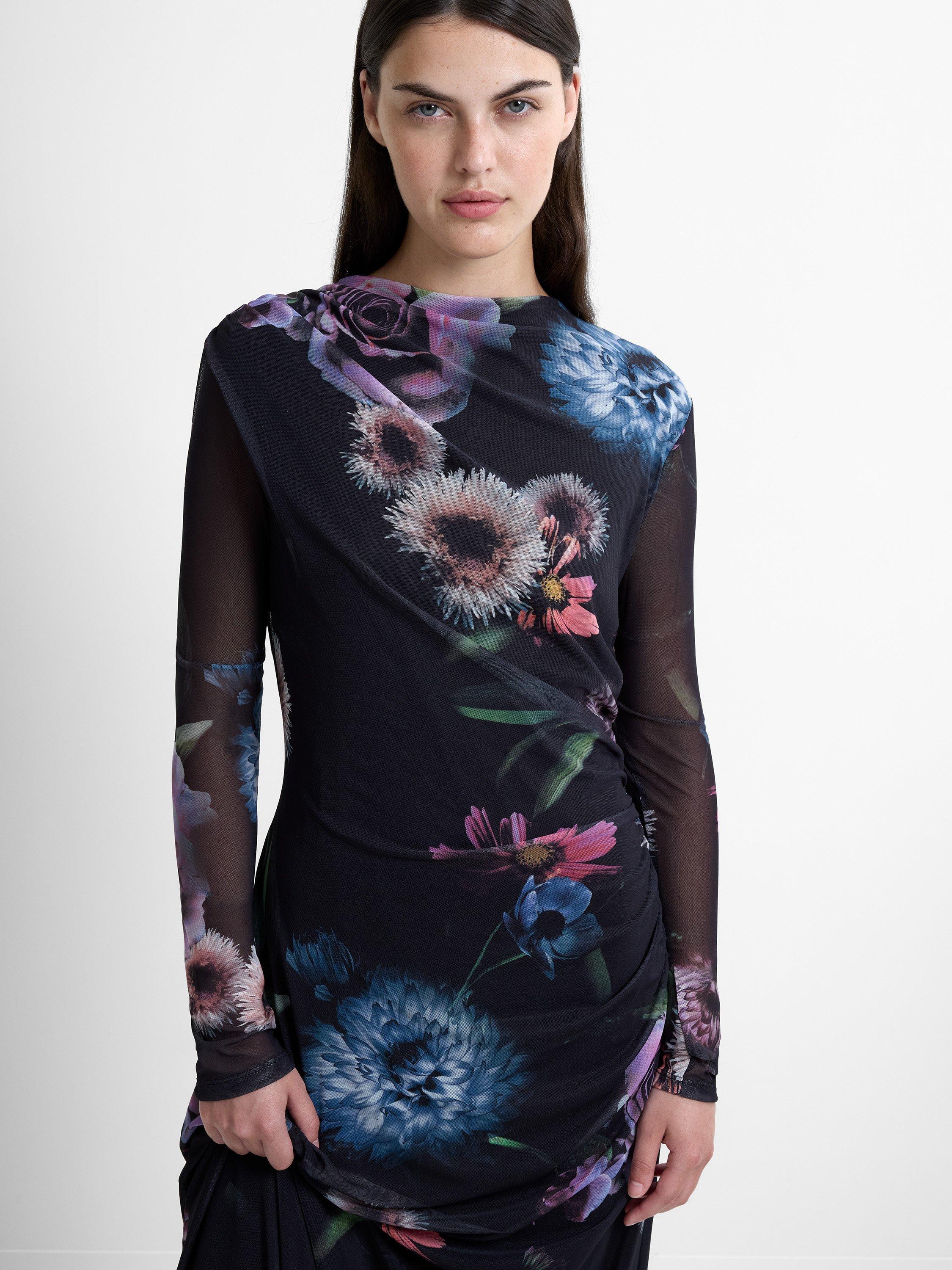 Product image 3 of 6, which shows French Connection Tarissa Floral Mesh Dress, Black/Multi, XS
