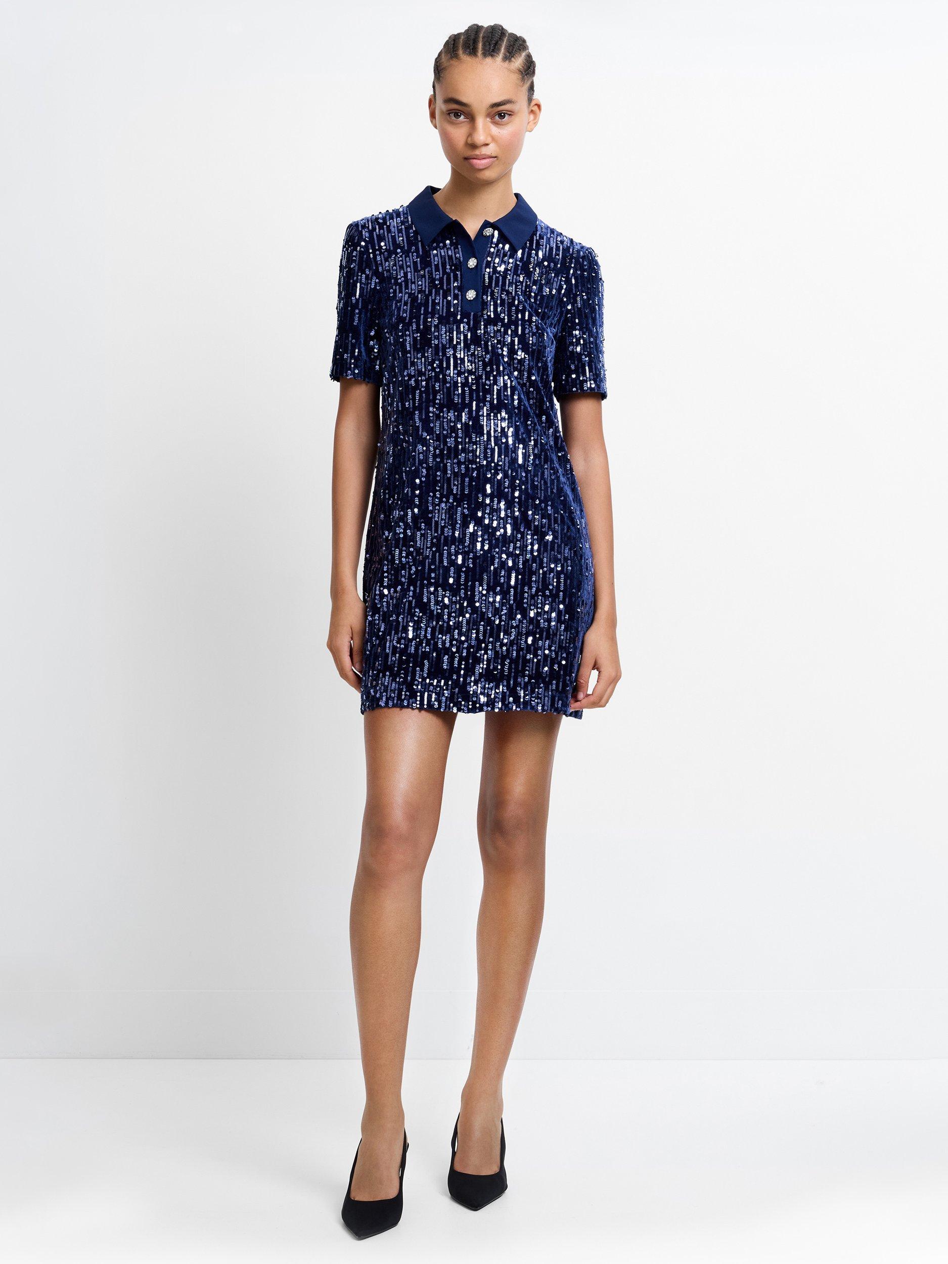 Product image 1 of 5, which shows French Connection Trinny Velvet Sequin Mini Dress, Celestial Blue, XS