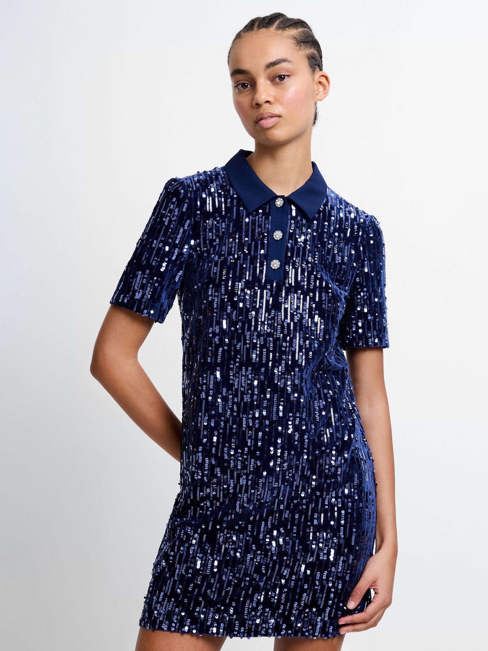 Product image 3 of 5, which shows French Connection Trinny Velvet Sequin Mini Dress, Celestial Blue, XS